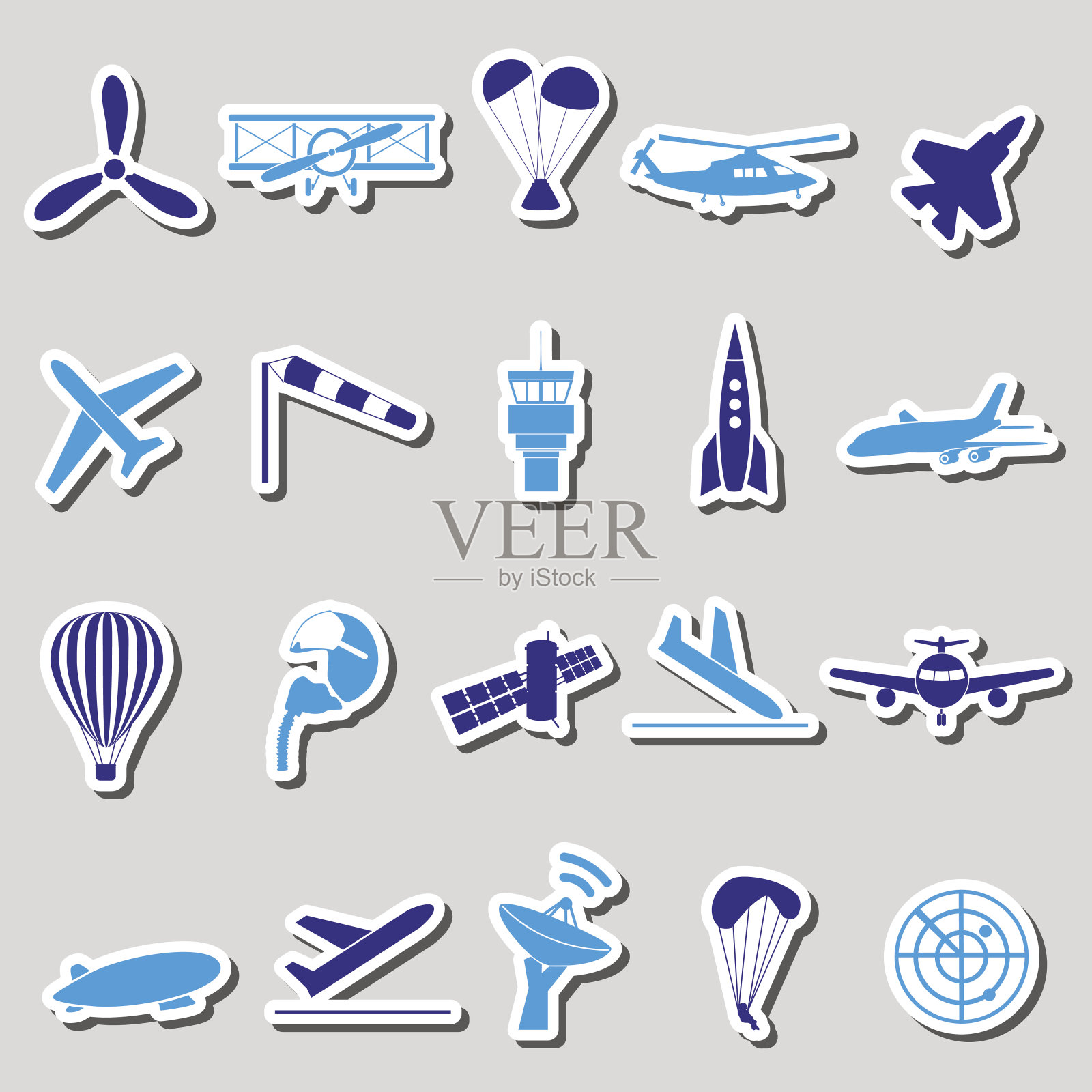 航空大套简单蓝色贴纸eps10插画图片素材