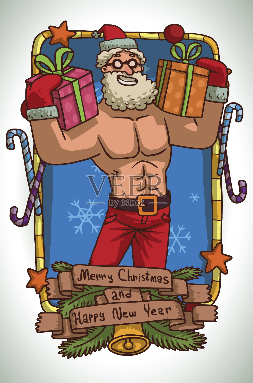 强壮的圣诞老人与粉红色和橙色的礼物插画图片素材