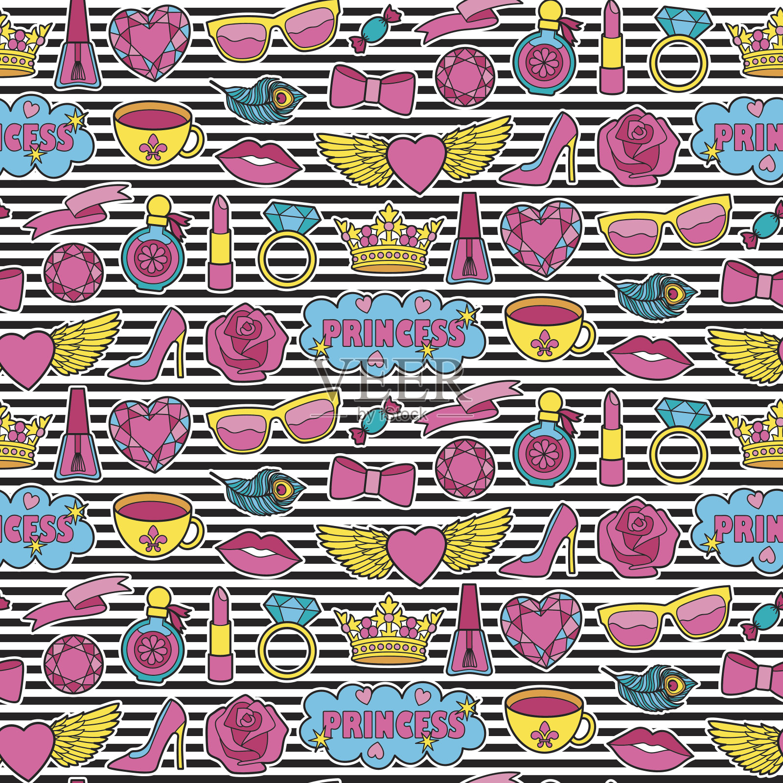 公主时尚补丁无缝模式插画图片素材