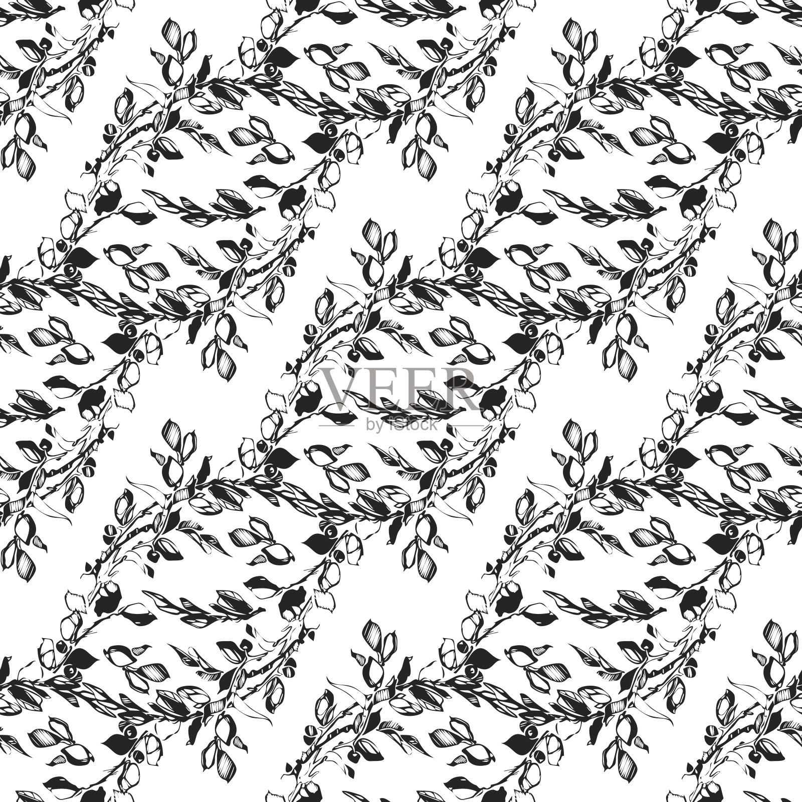 矢状植物无花纹。抽象的绿叶和花朵插画图片素材