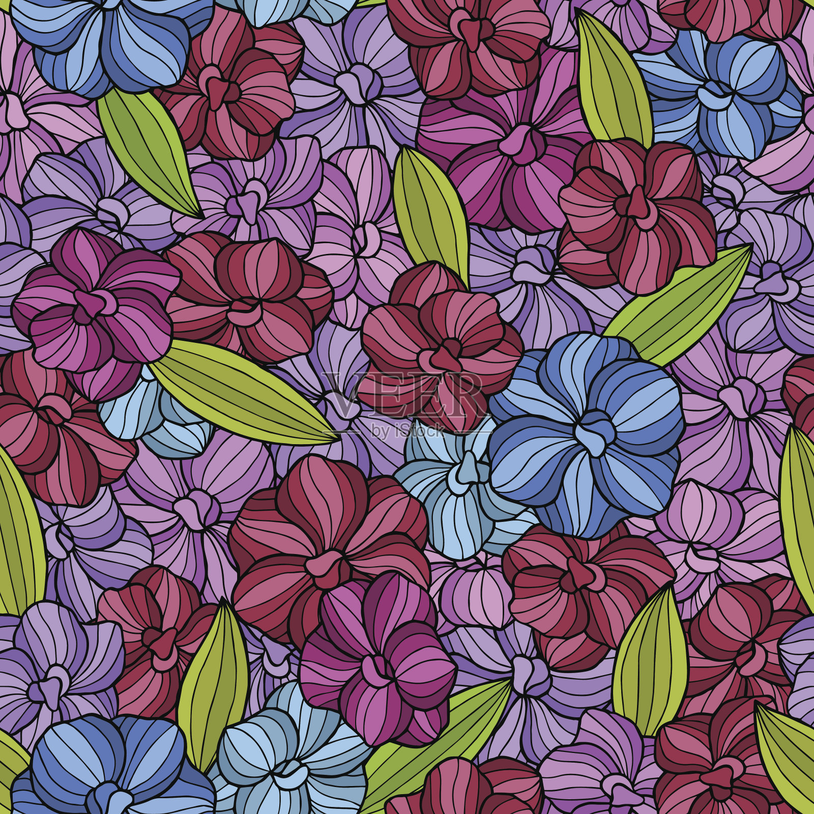 抽象花朵图形紫粉蓝绿无缝图案向量插画图片素材