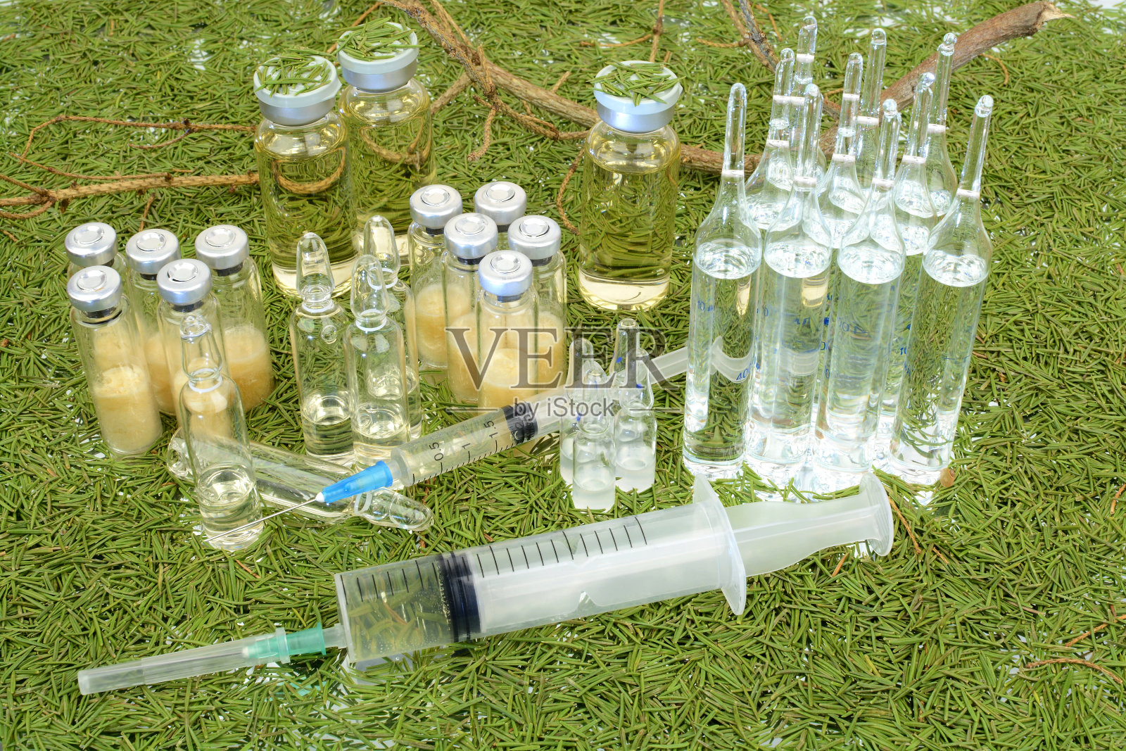 以松针为背景的疫苗小瓶。注射用药物照片摄影图片