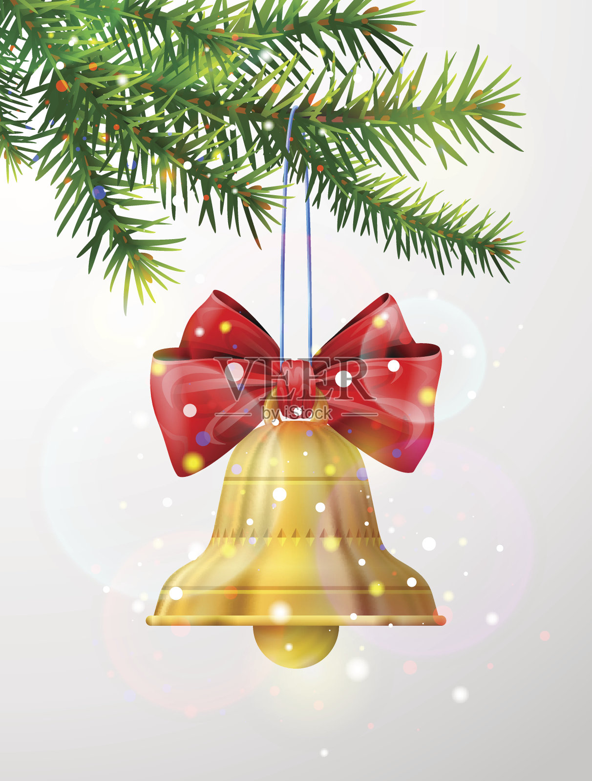圣诞树的树枝上挂着金色的铃铛插画图片素材