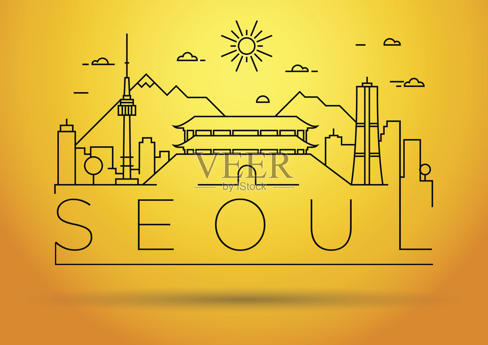 最小向量首尔城市线性天际线与排版设计插画图片素材