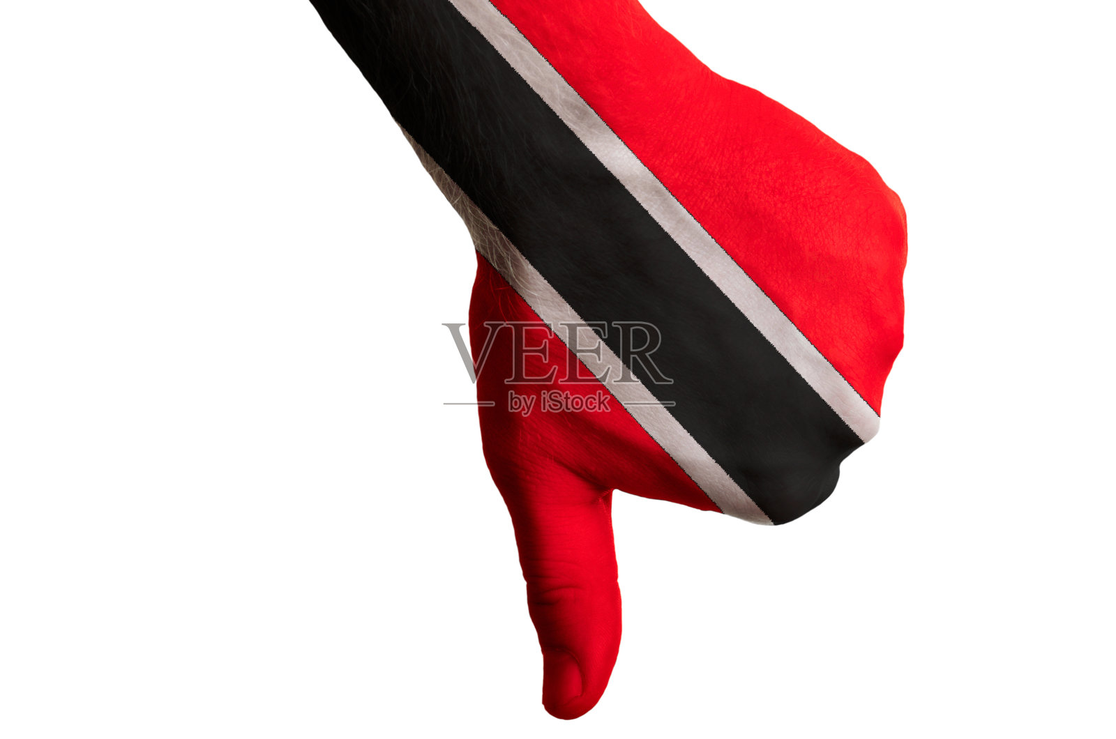 特立尼达多巴哥国旗上的拇指向下的手势表示失败照片摄影图片