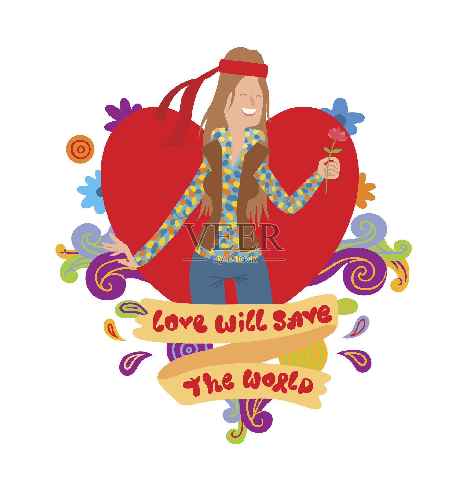 心型身材，留着棕色长发的嬉皮女人插画图片素材