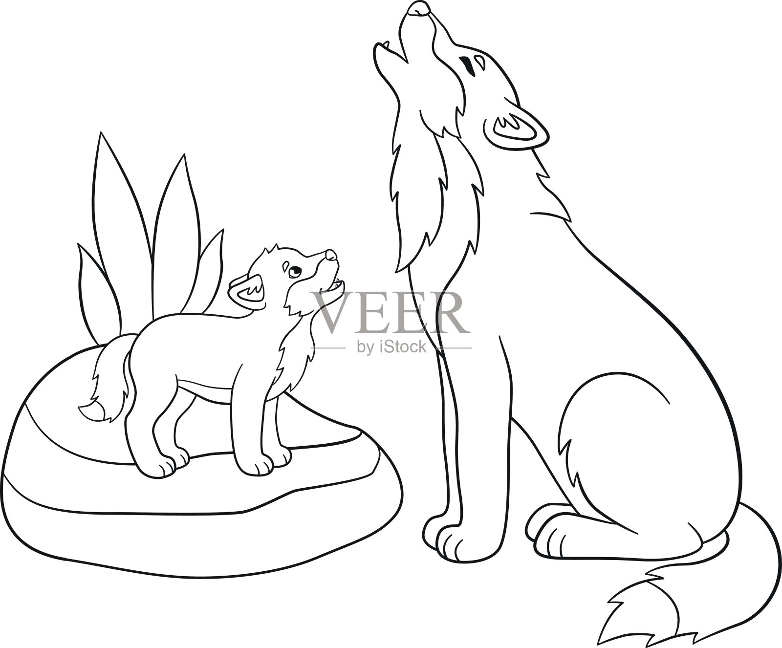 着色页面。狼爸爸带着他的孩子嚎叫。插画图片素材