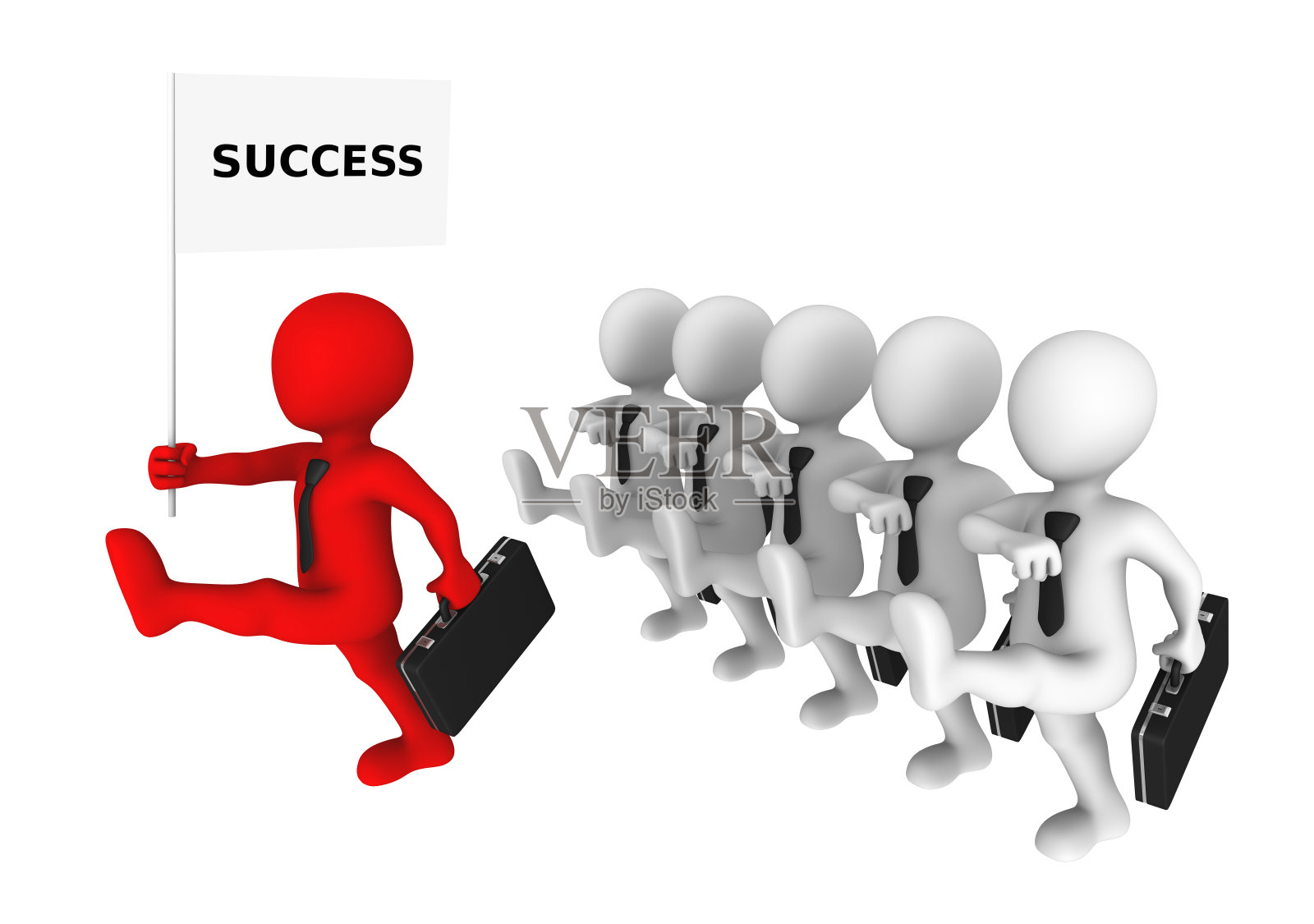 3d商人带着红色领袖走向成功。照片摄影图片