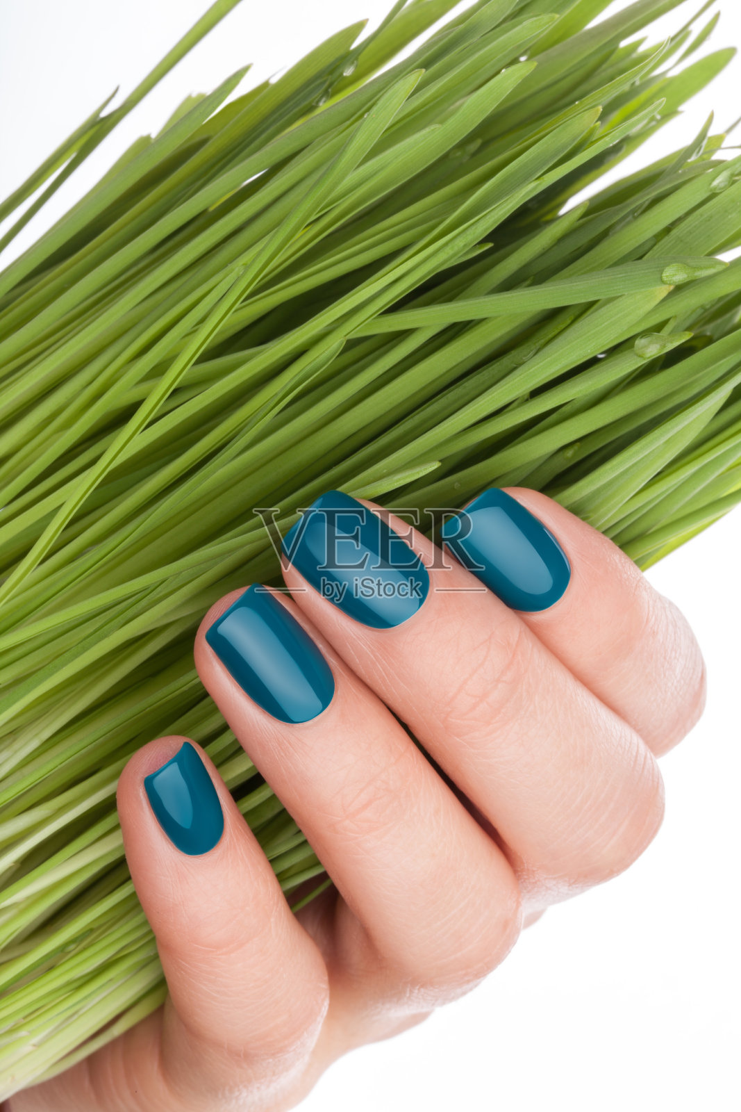 漂亮整洁的绿色指甲。照片摄影图片