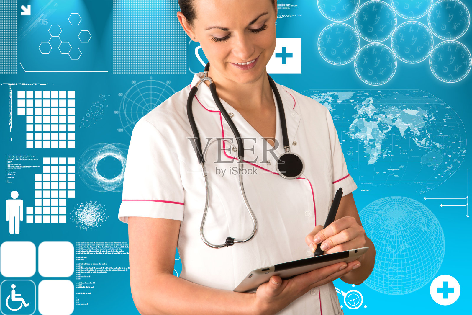 医学背景和一个有平板电脑的医生照片摄影图片