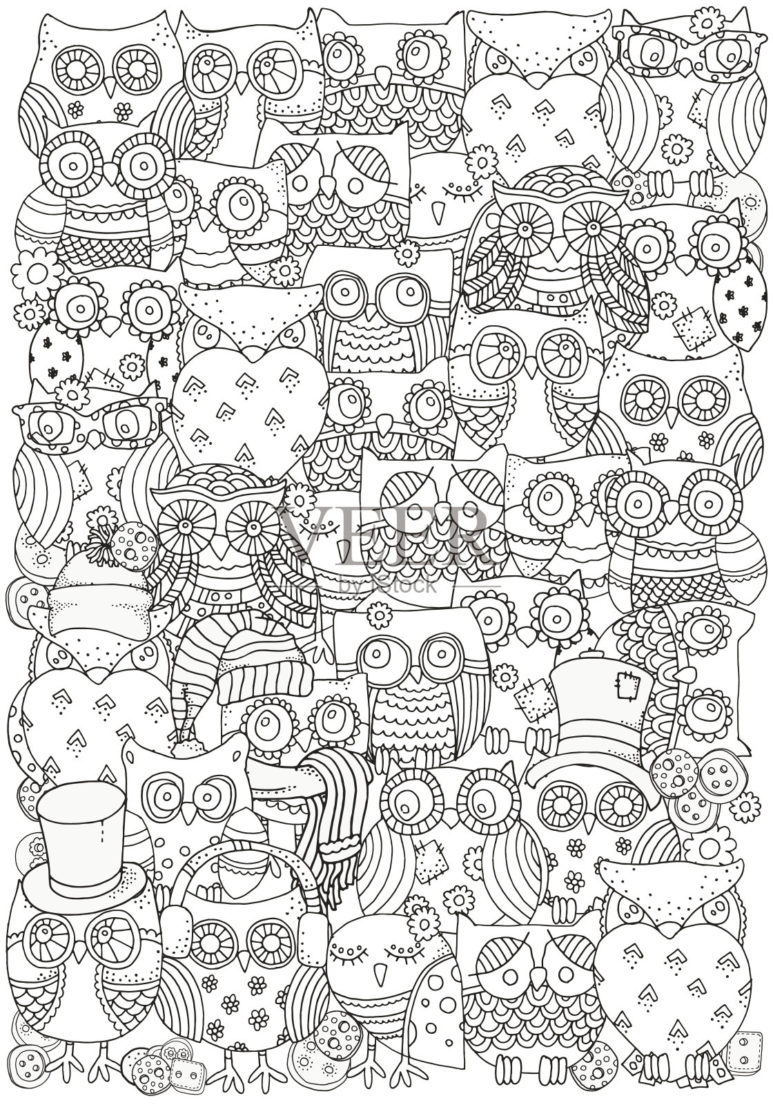 着色书的模式。猫头鹰。A4大小。插画图片素材