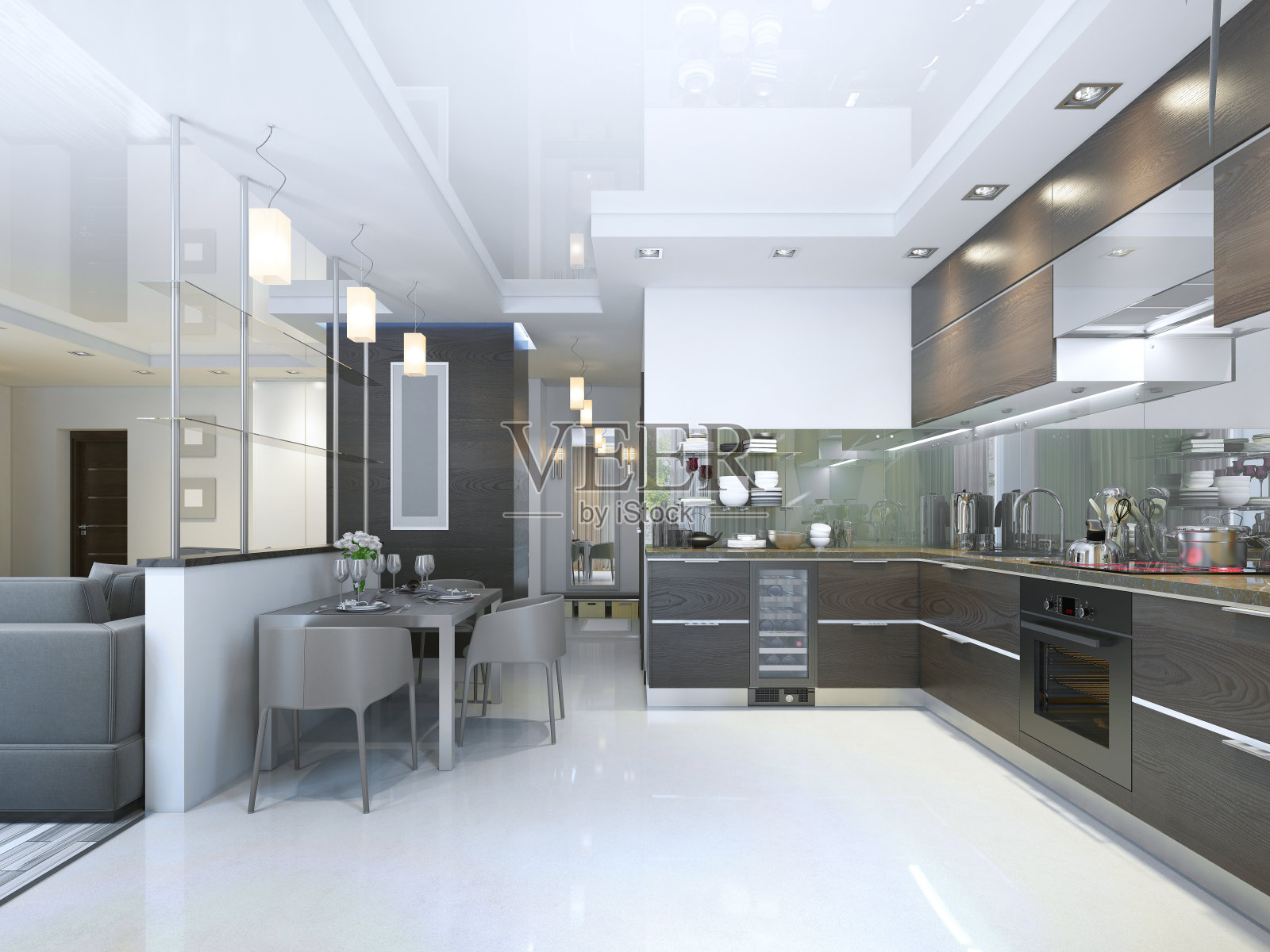 现代厨房，棕色的墙壁和大理石地板照片摄影图片