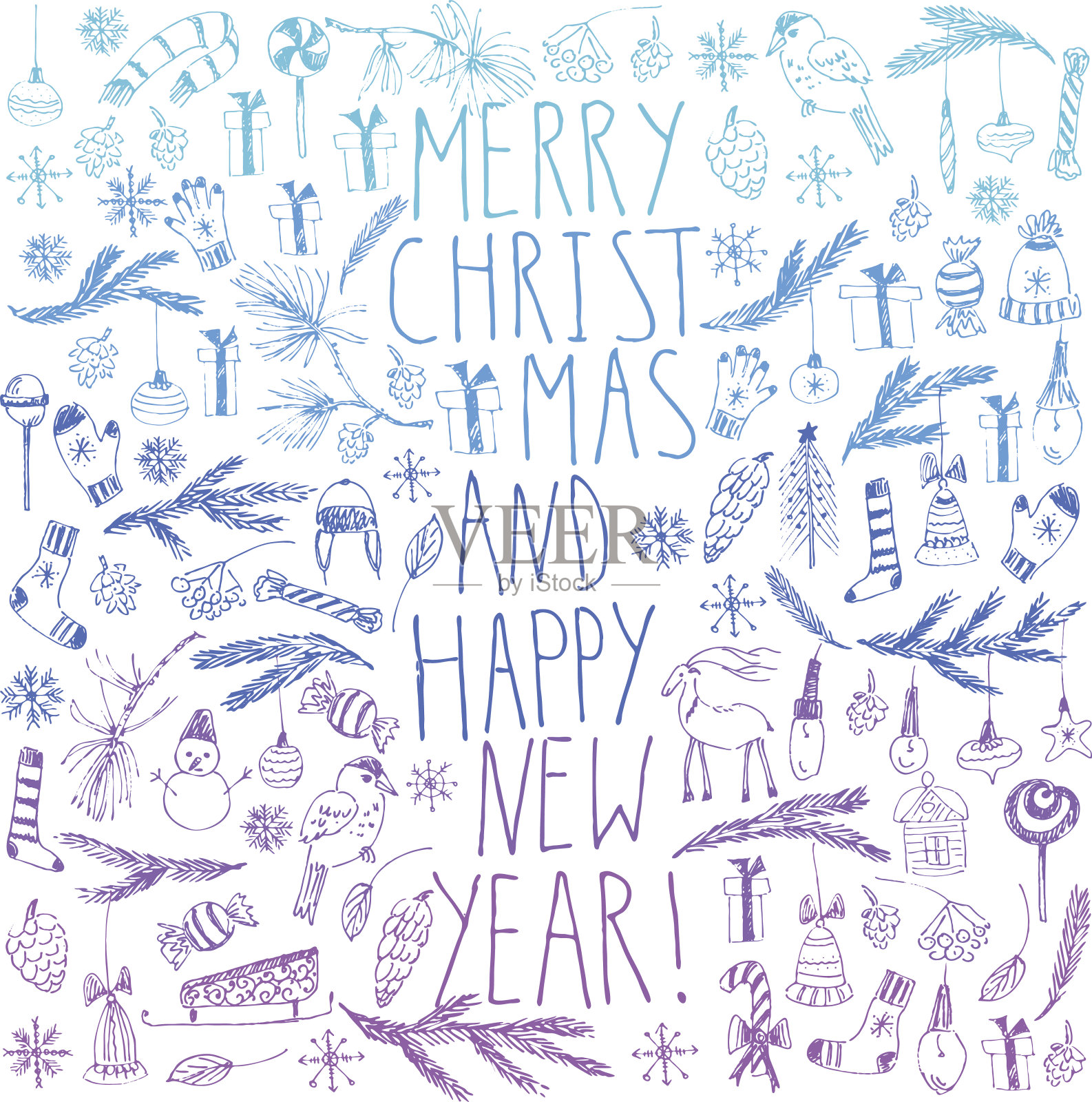 圣诞和新年贺卡上有字母，雪花，雪人插画图片素材