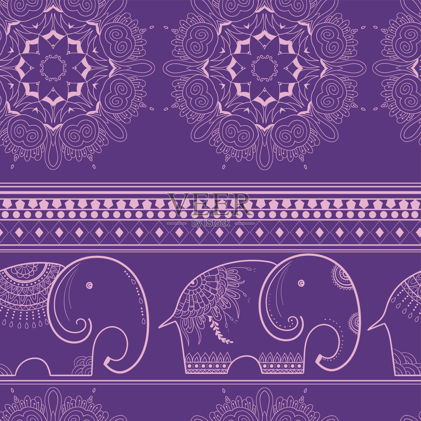 无缝模式向量印度民族大象与曼荼罗。非洲部落的点缀。可用于涂色书，纺织品，印刷品，手机壳，贺卡。插画图片素材