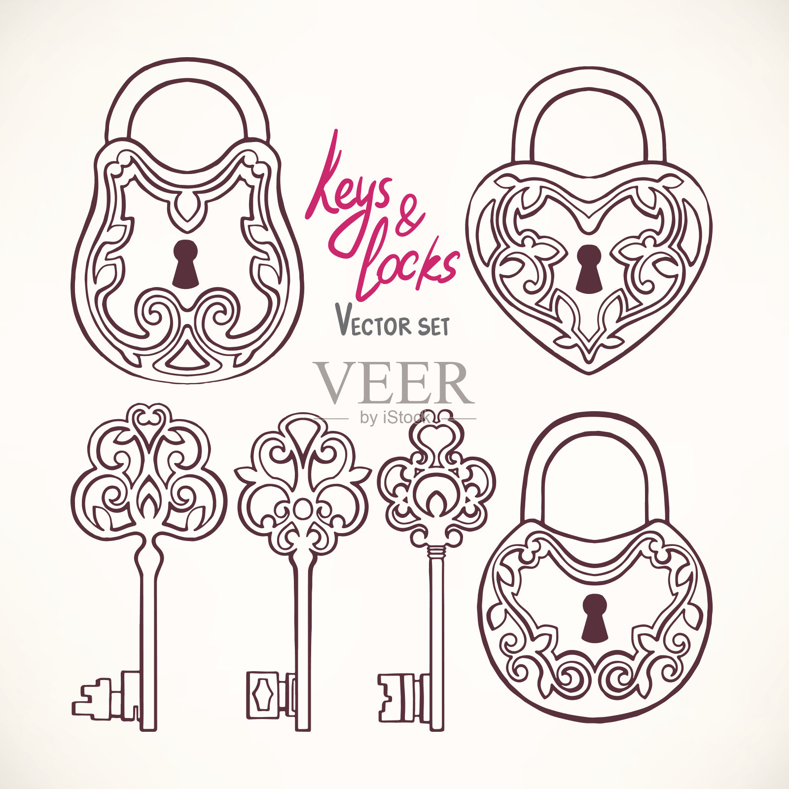 复古钥匙和锁插画图片素材