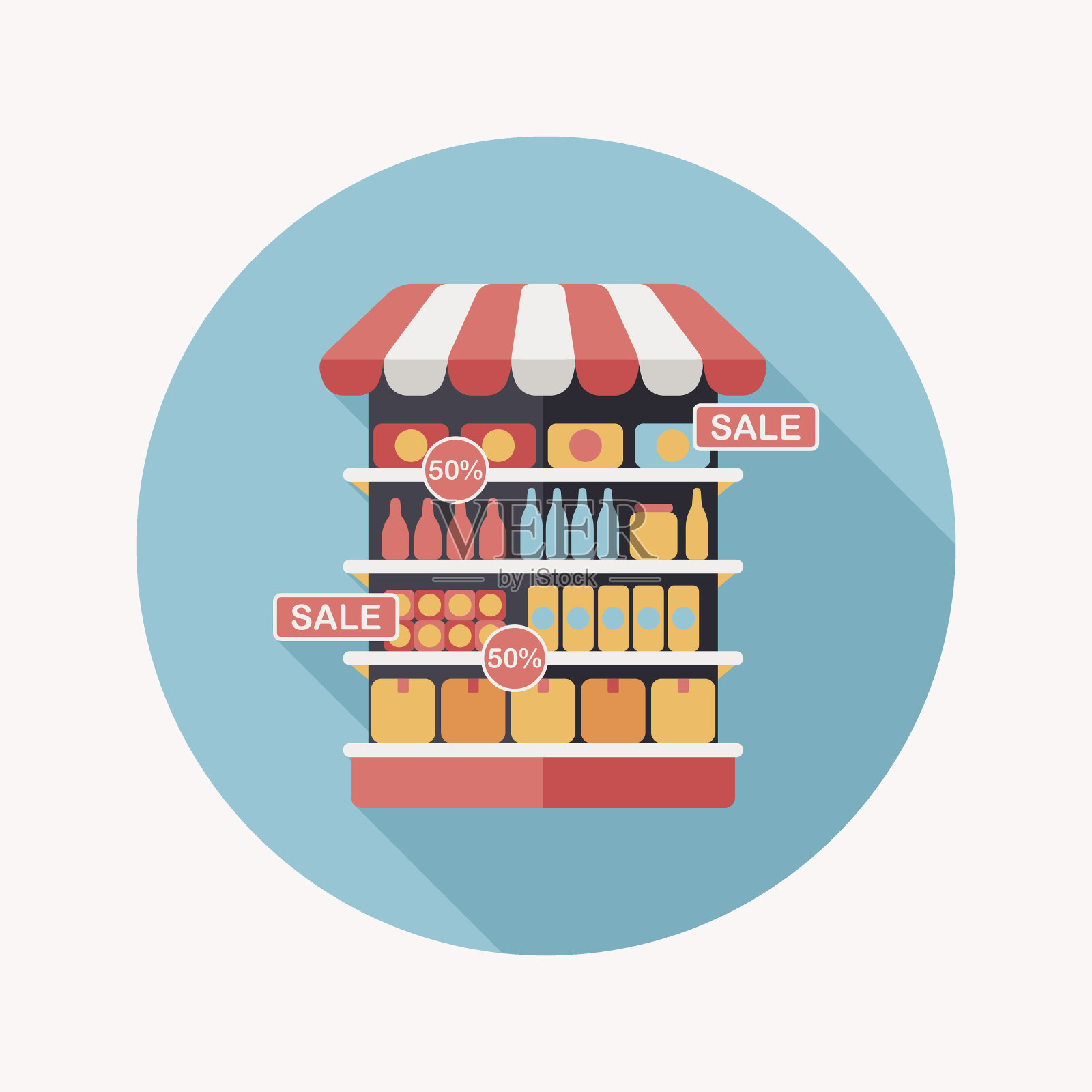 购物杂货店平面图标与长影子，eps10插画图片素材