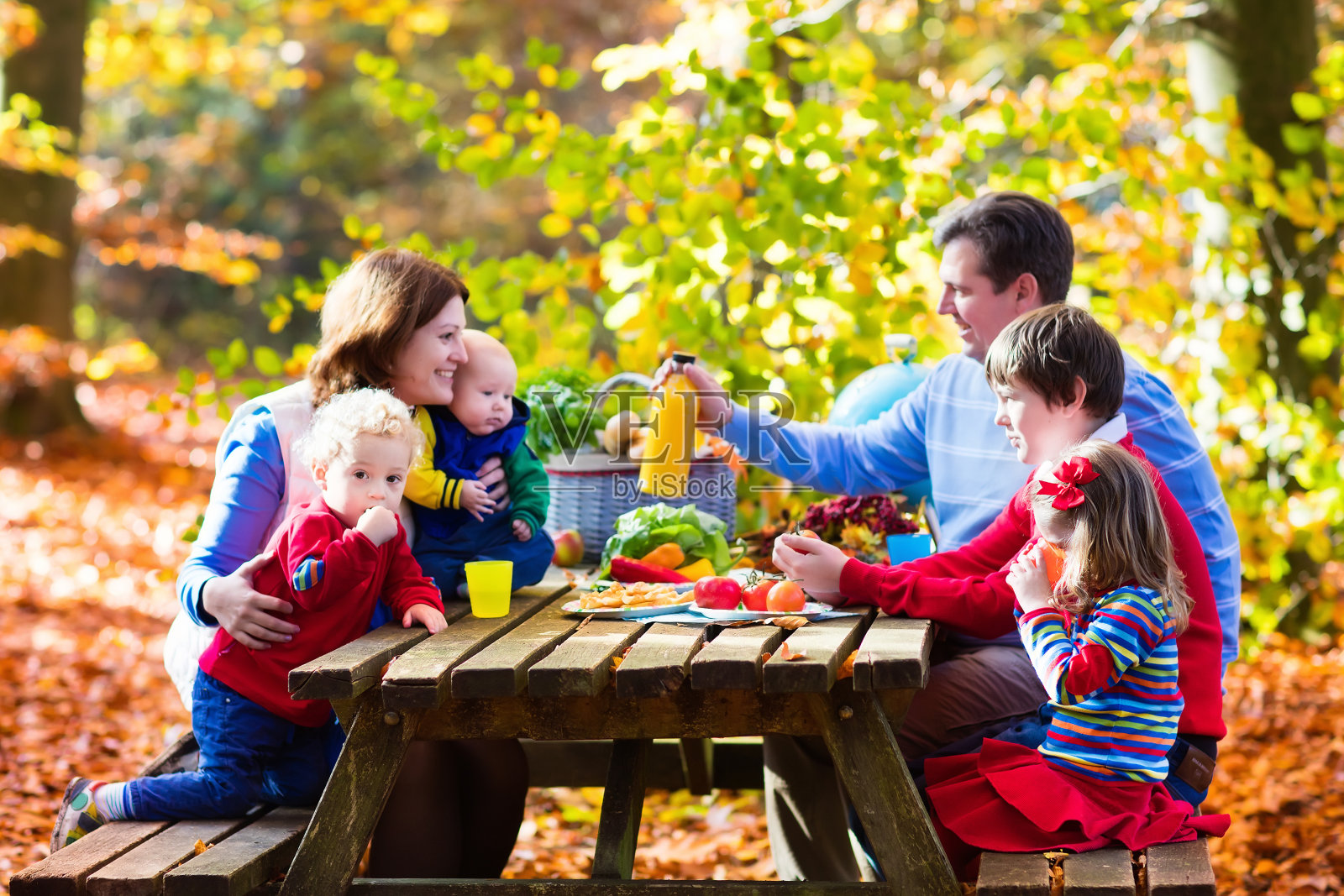一家人在秋天公园野餐照片摄影图片
