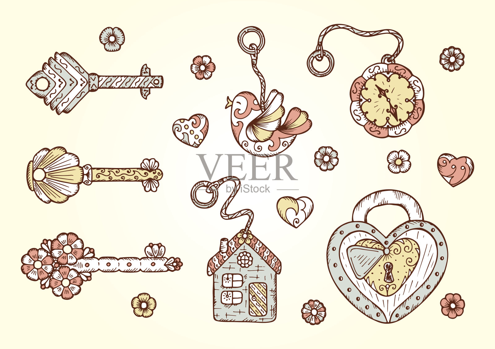 手绘涂鸦锁，饰品和钥匙矢量古董集插画图片素材