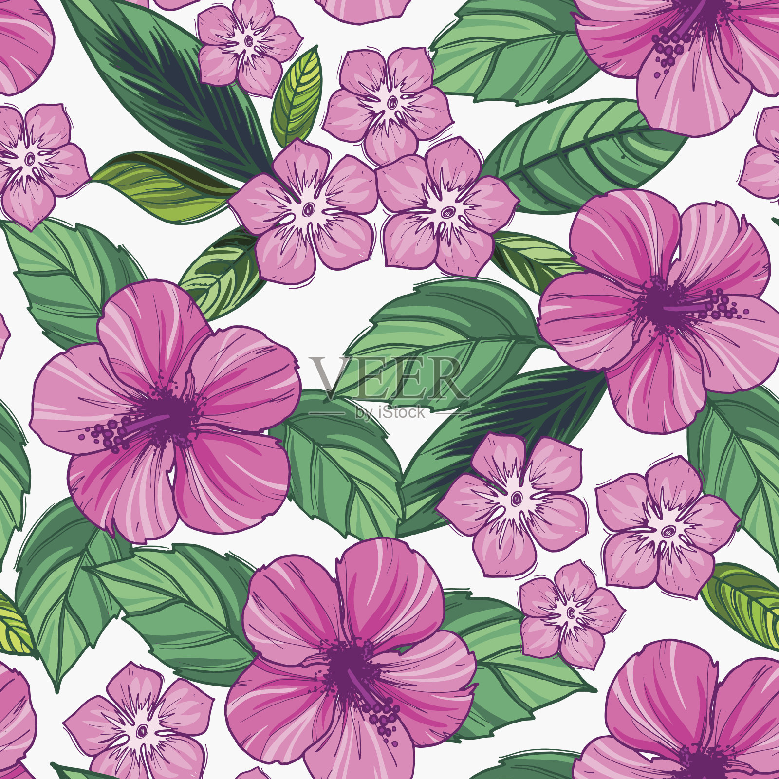 夏季彩色夏威夷无缝图案与热带植物和木槿插画图片素材