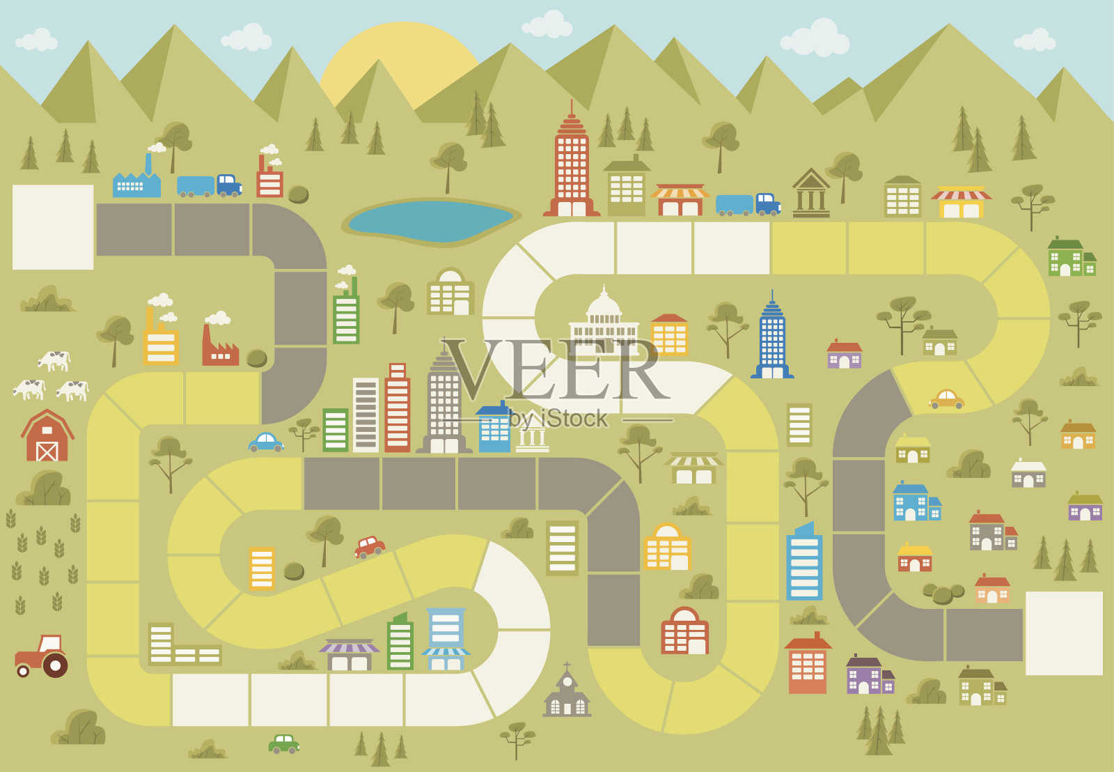 在城市中有路径的棋盘游戏插画图片素材