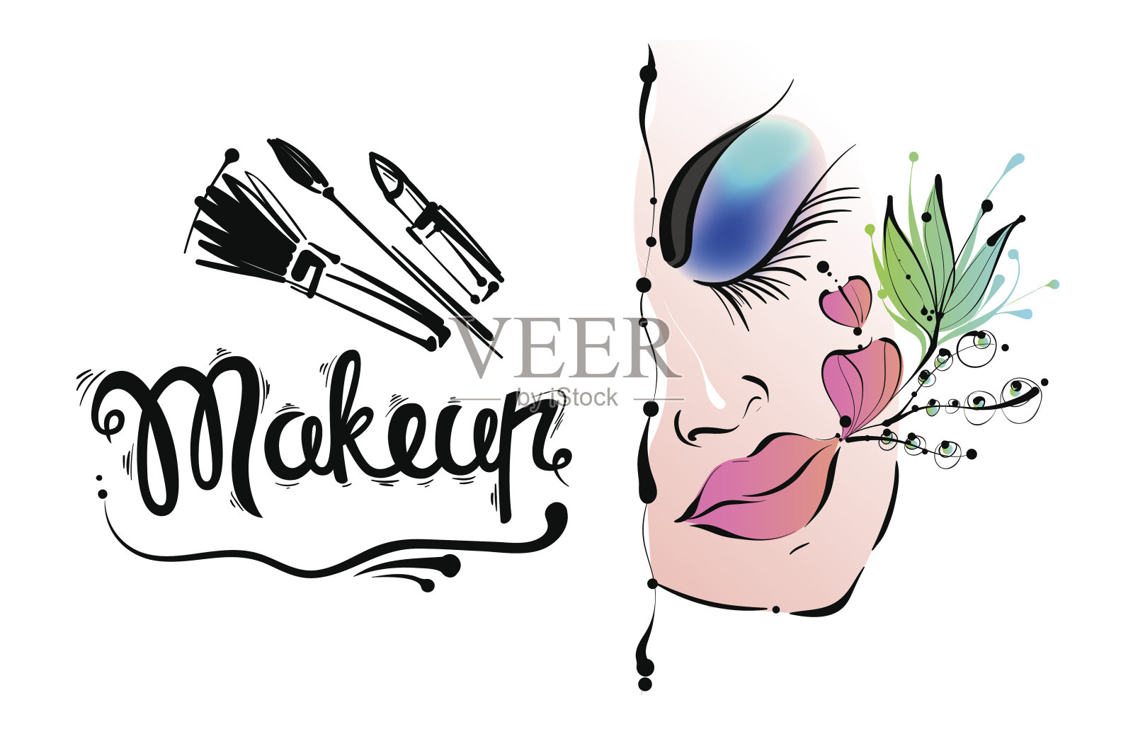 那女人的脸和碑文。时尚的化妆。刻字插画图片素材