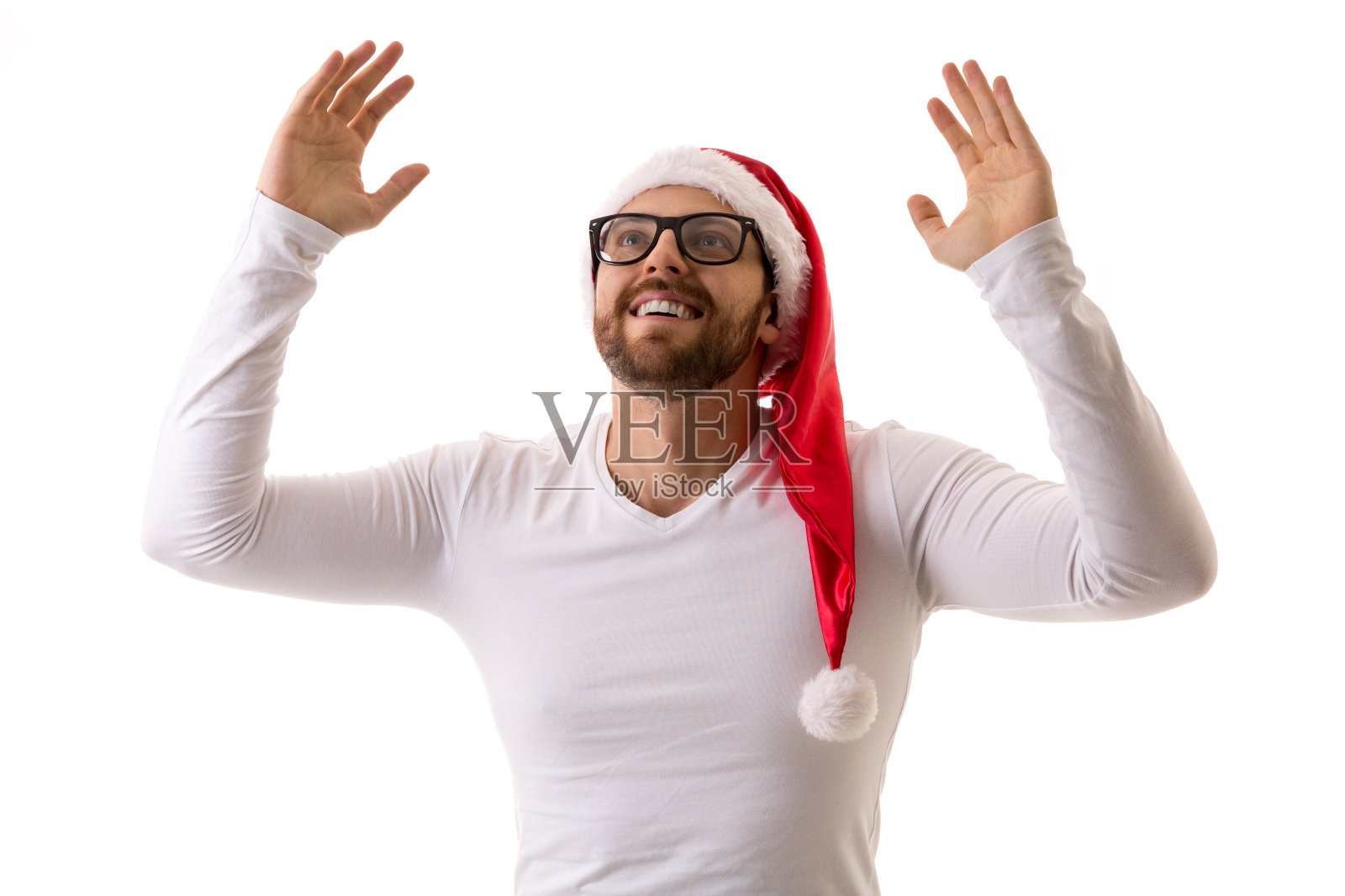 戴着红色圣诞老人圣诞帽的大胡子男人照片摄影图片