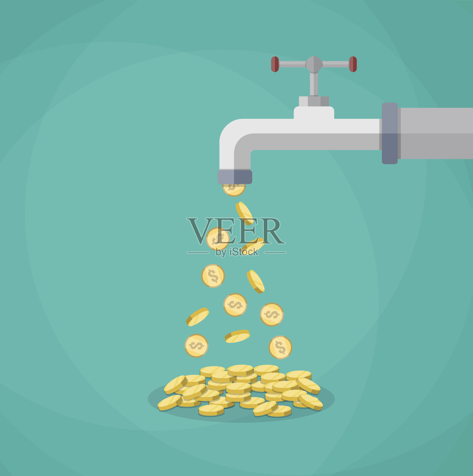 金币从金属龙头里掉出来插画图片素材