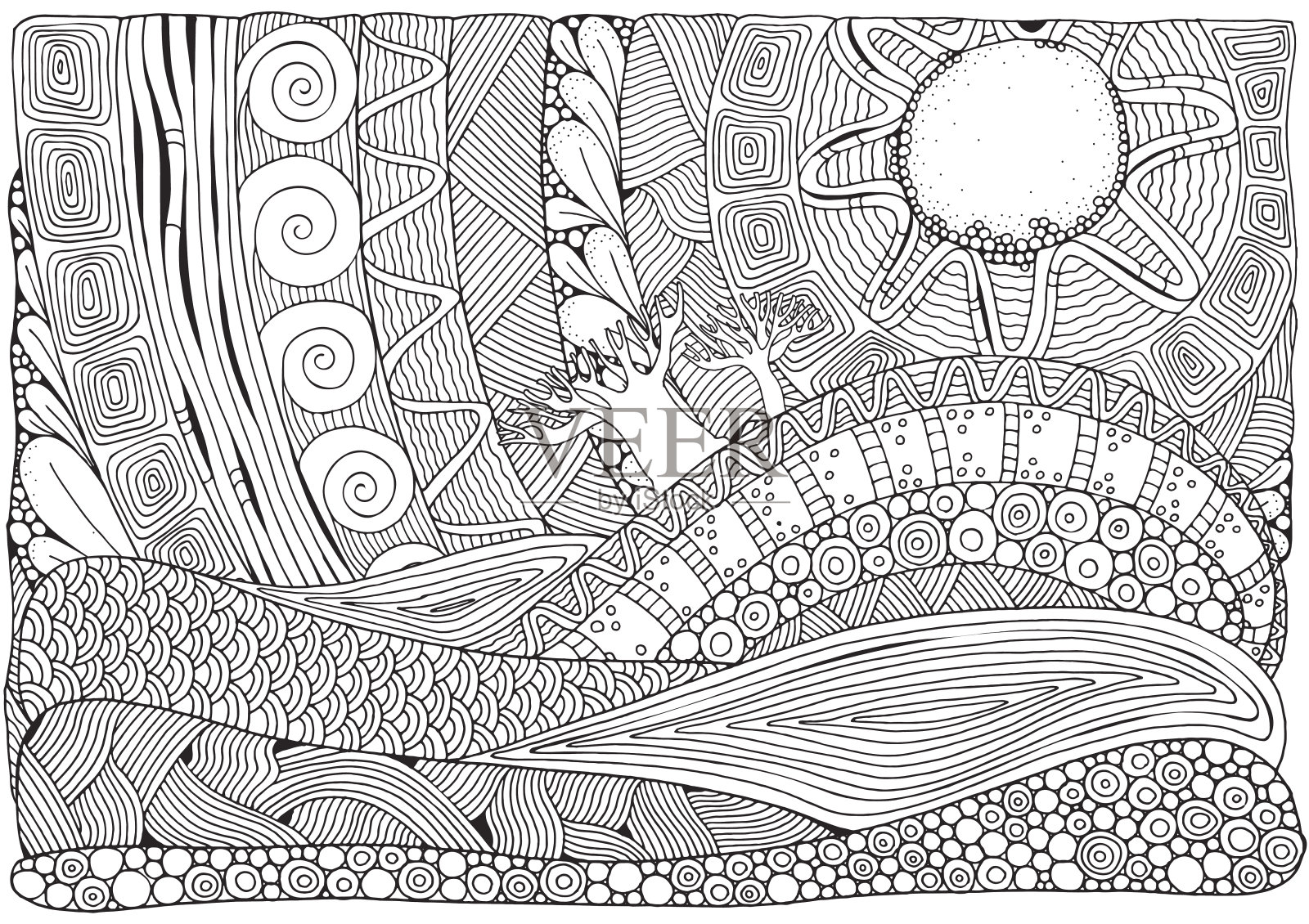 黑白梦幻画面。炎热的太阳，美丽的风景插画图片素材