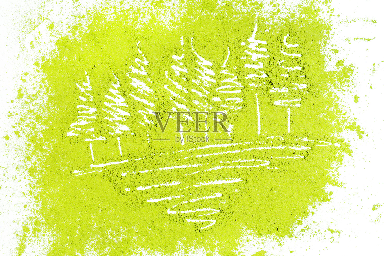 树与粉末状的绿茶在白色的背景照片摄影图片