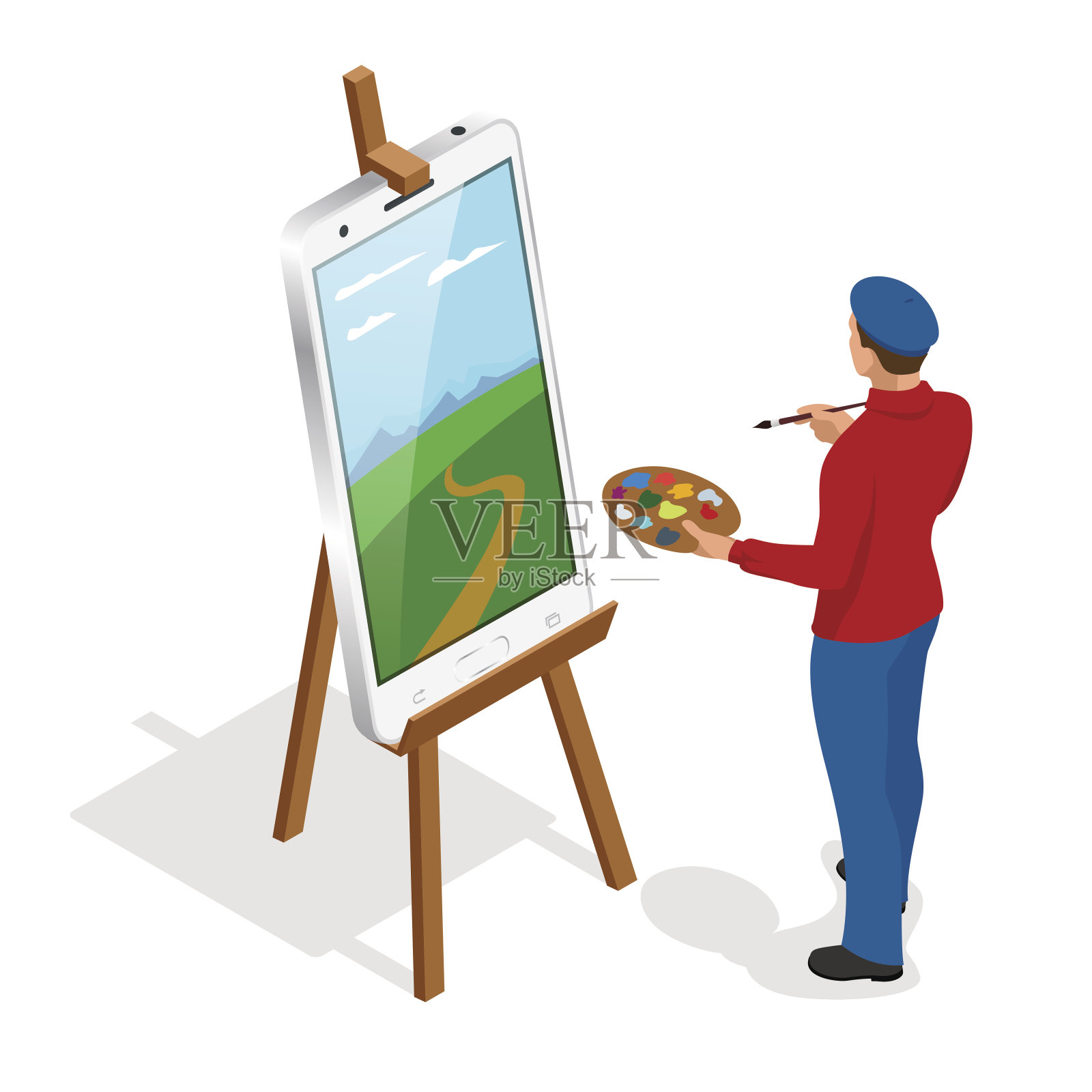 站在画架旁边用彩色调色板作画的艺术家。平插画图片素材