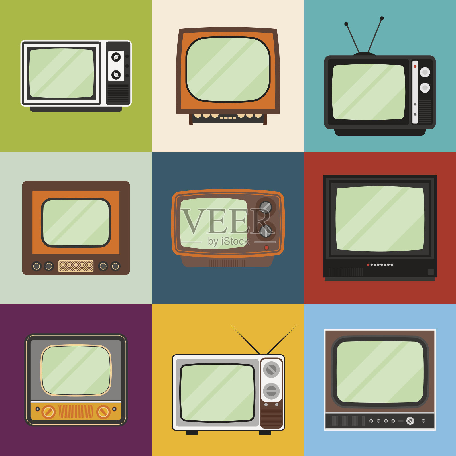 复古电视图标设置。平面风格矢量插图插画图片素材