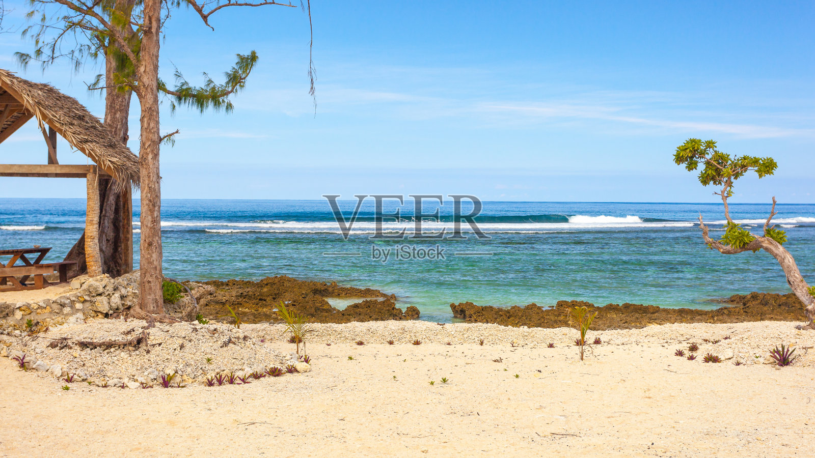 飓风温斯顿后瓦努阿图的白珊瑚海滩。照片摄影图片