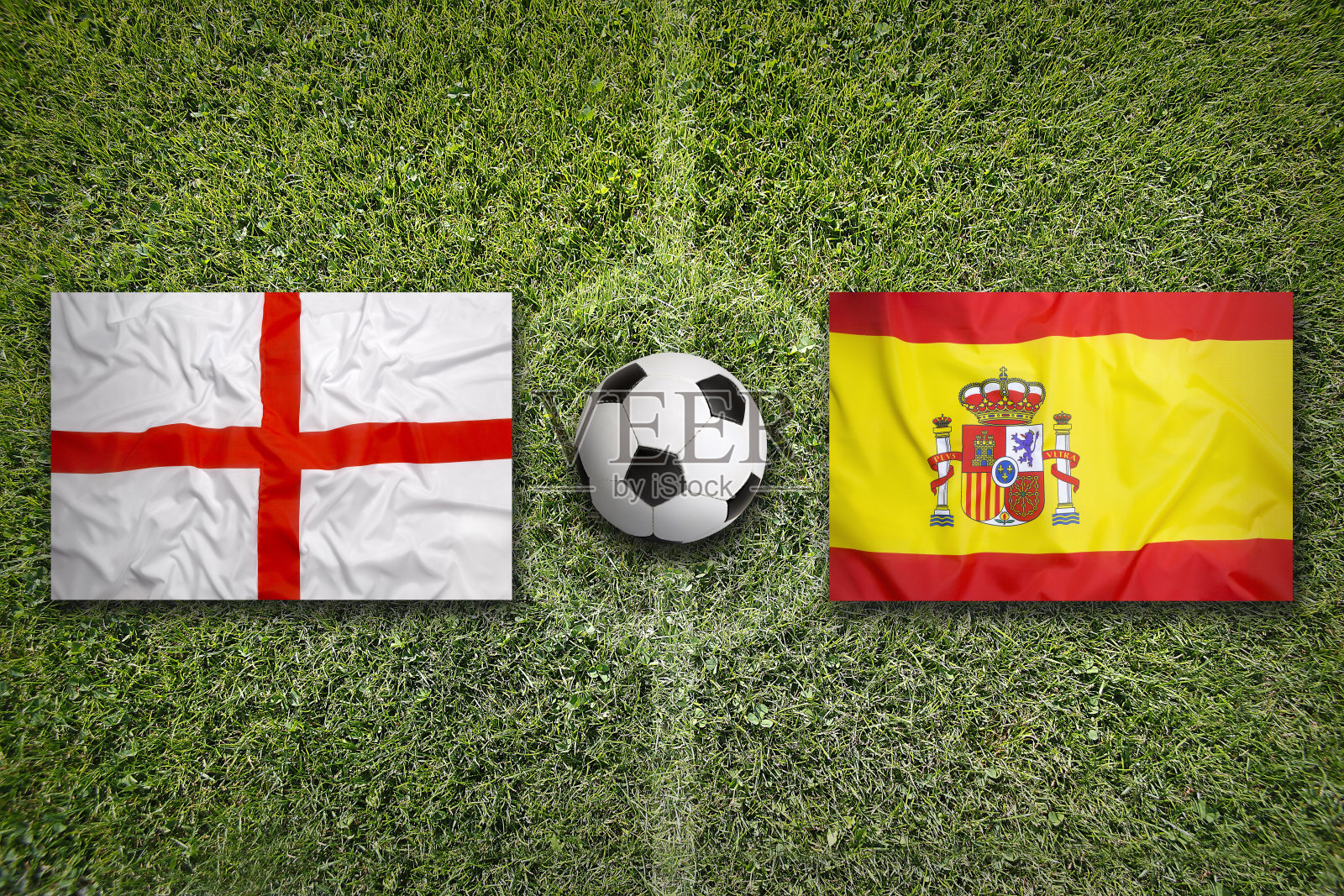 英格兰对西班牙在足球场上飘扬照片摄影图片