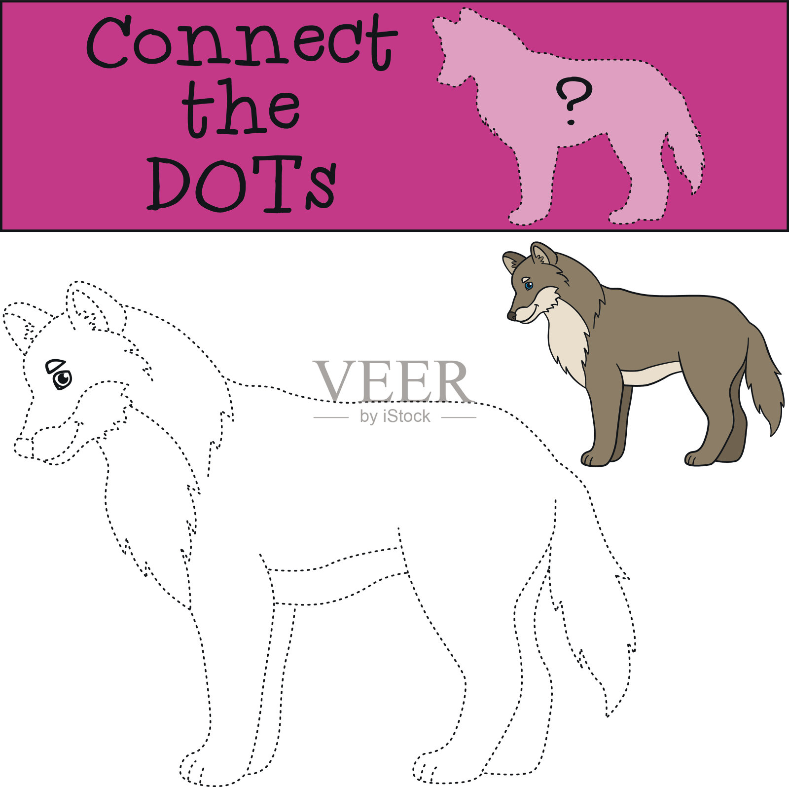 教育游戏:连接点。可爱美丽的狼的微笑。设计元素图片