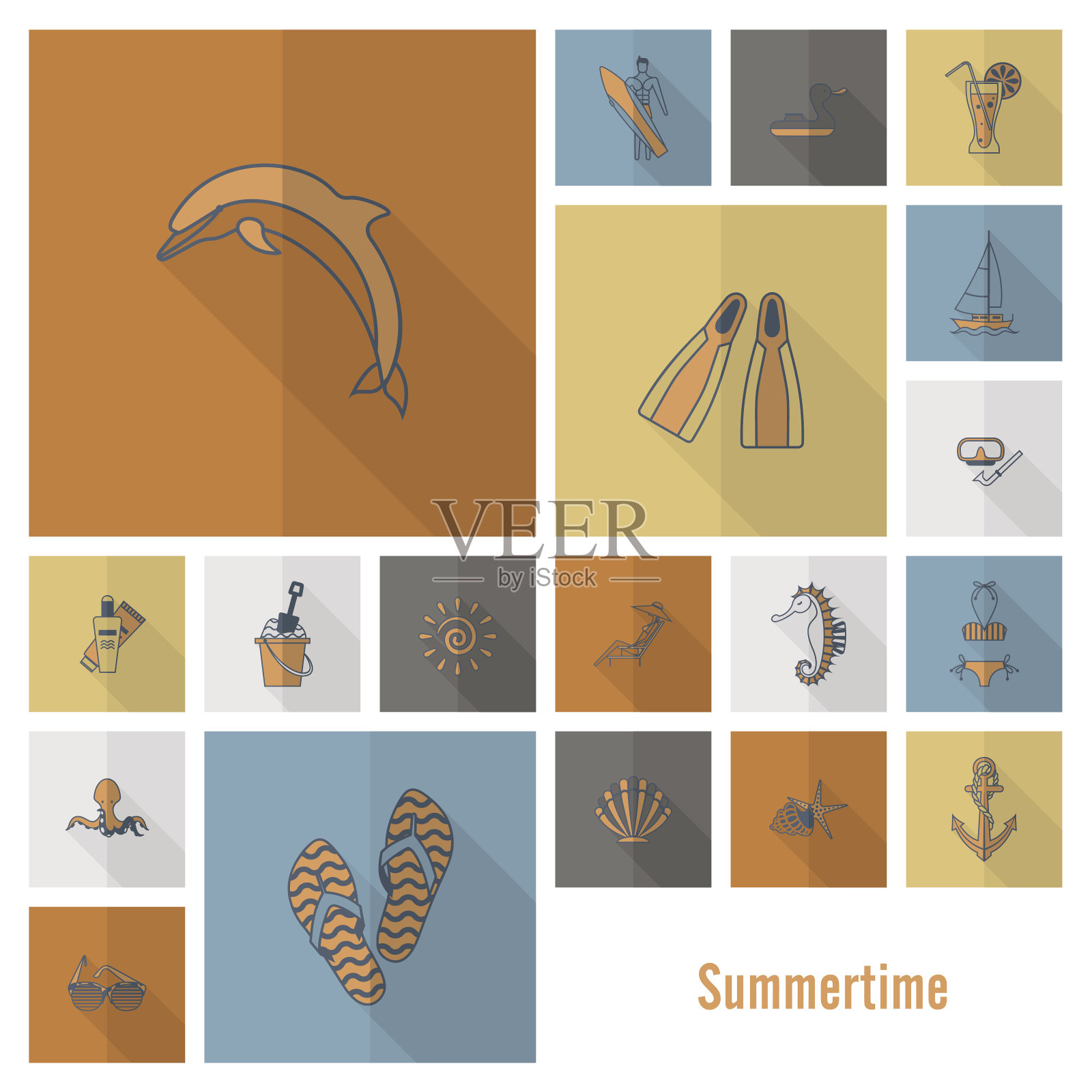 夏季和海滩简单的平面图标插画图片素材