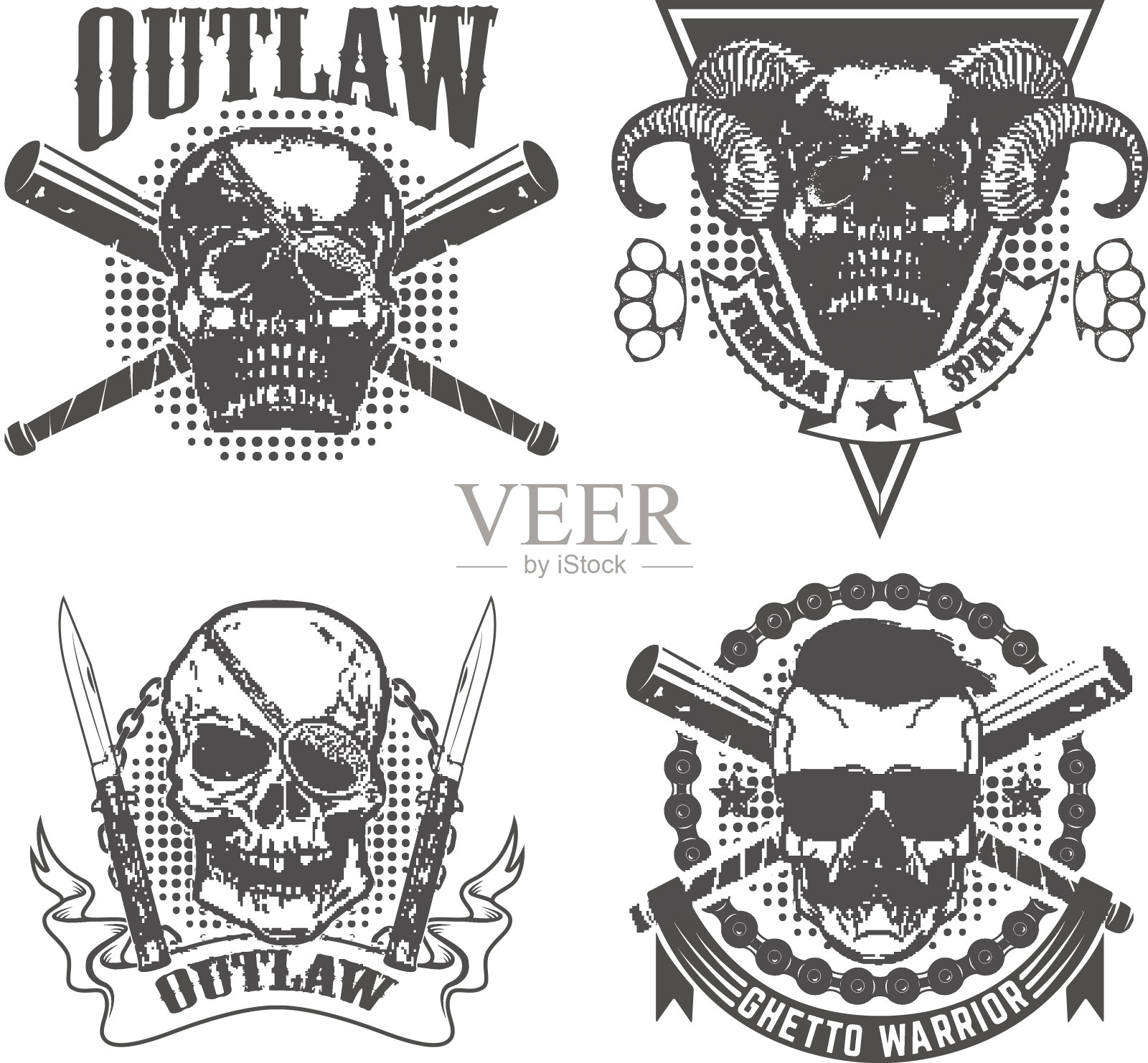 黑帮标志模板集。头骨上有两把交叉的刀插画图片素材