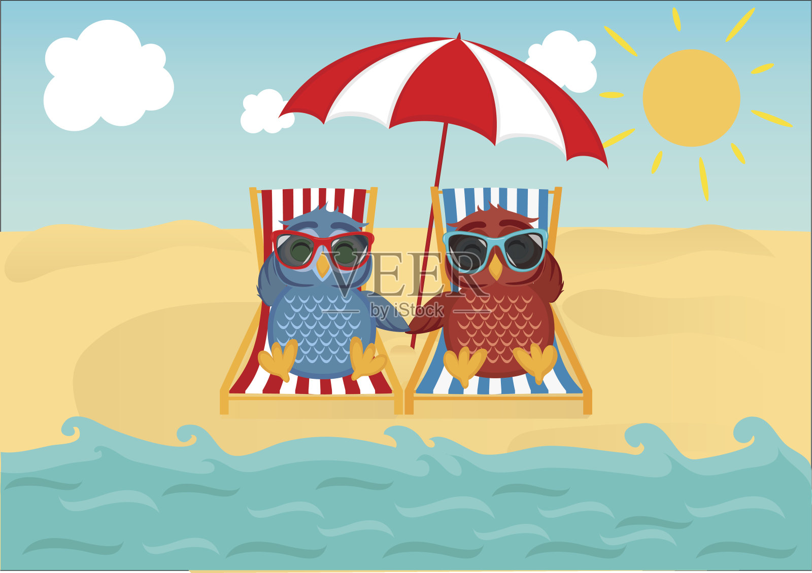 可爱的两只猫头鹰戴着太阳镜，躺在海边的沙滩上，在躺椅和阳伞上放松。小猫头鹰。明信片上的盛宴。为你的广告或文本提供免费空间。矢量插图。插画图片素材