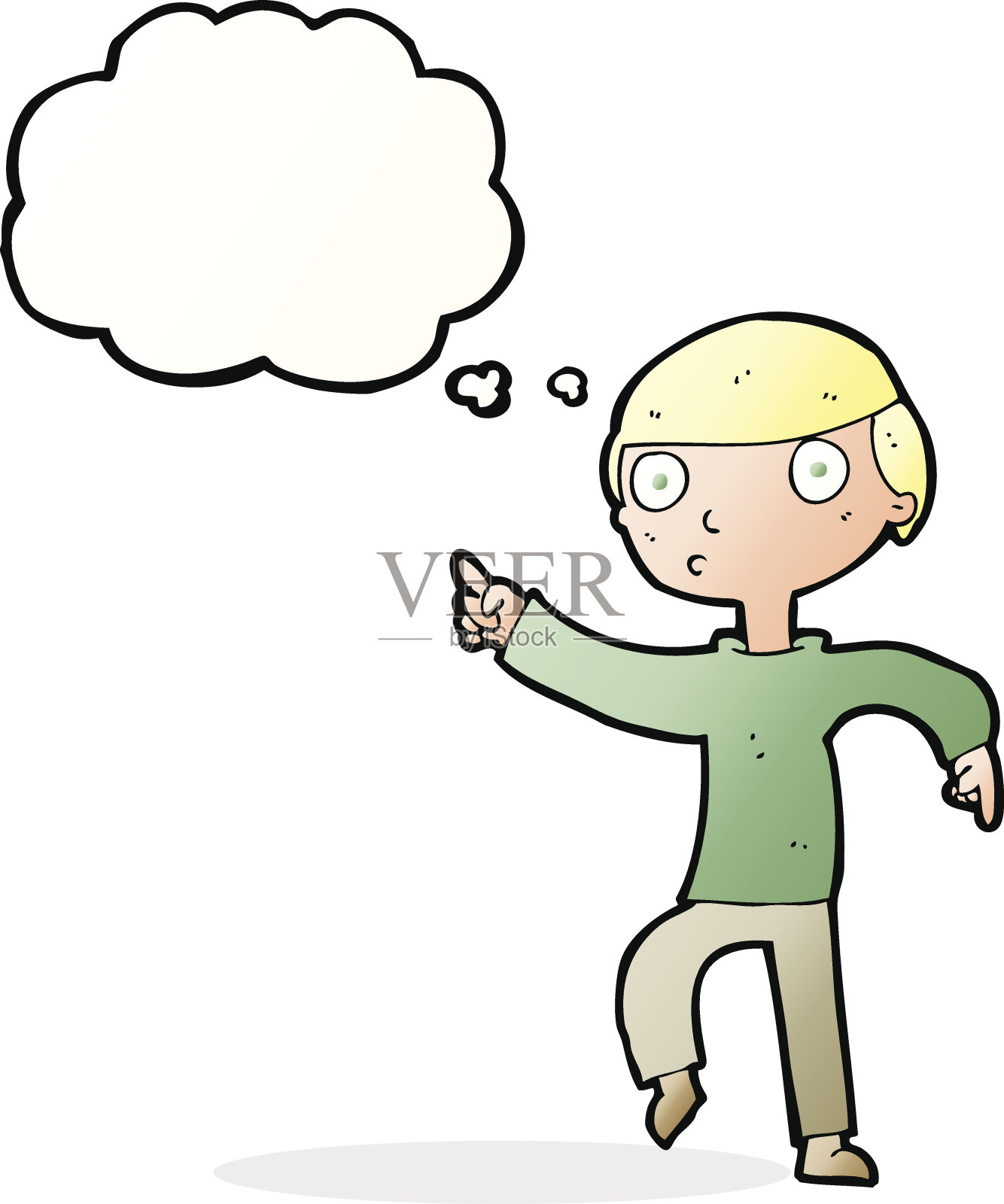 卡通男孩用思想泡泡指着设计元素图片