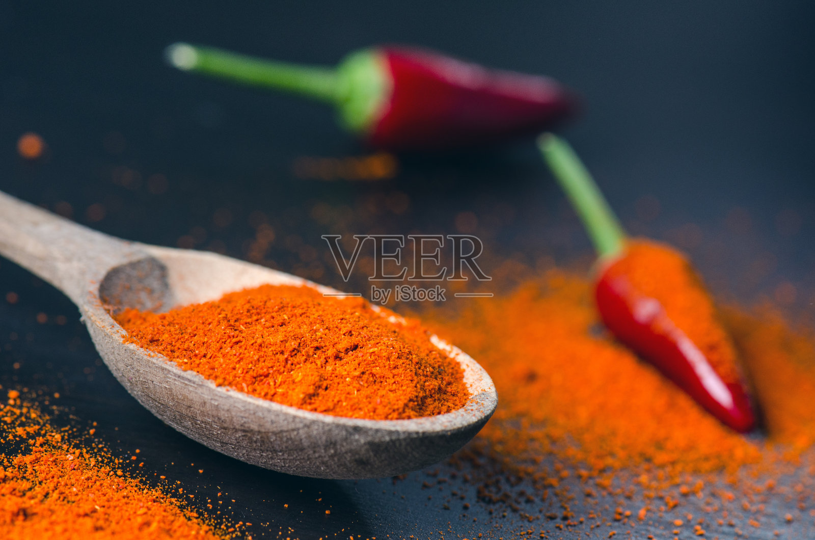 木勺上放着红辣椒和辣味。照片摄影图片