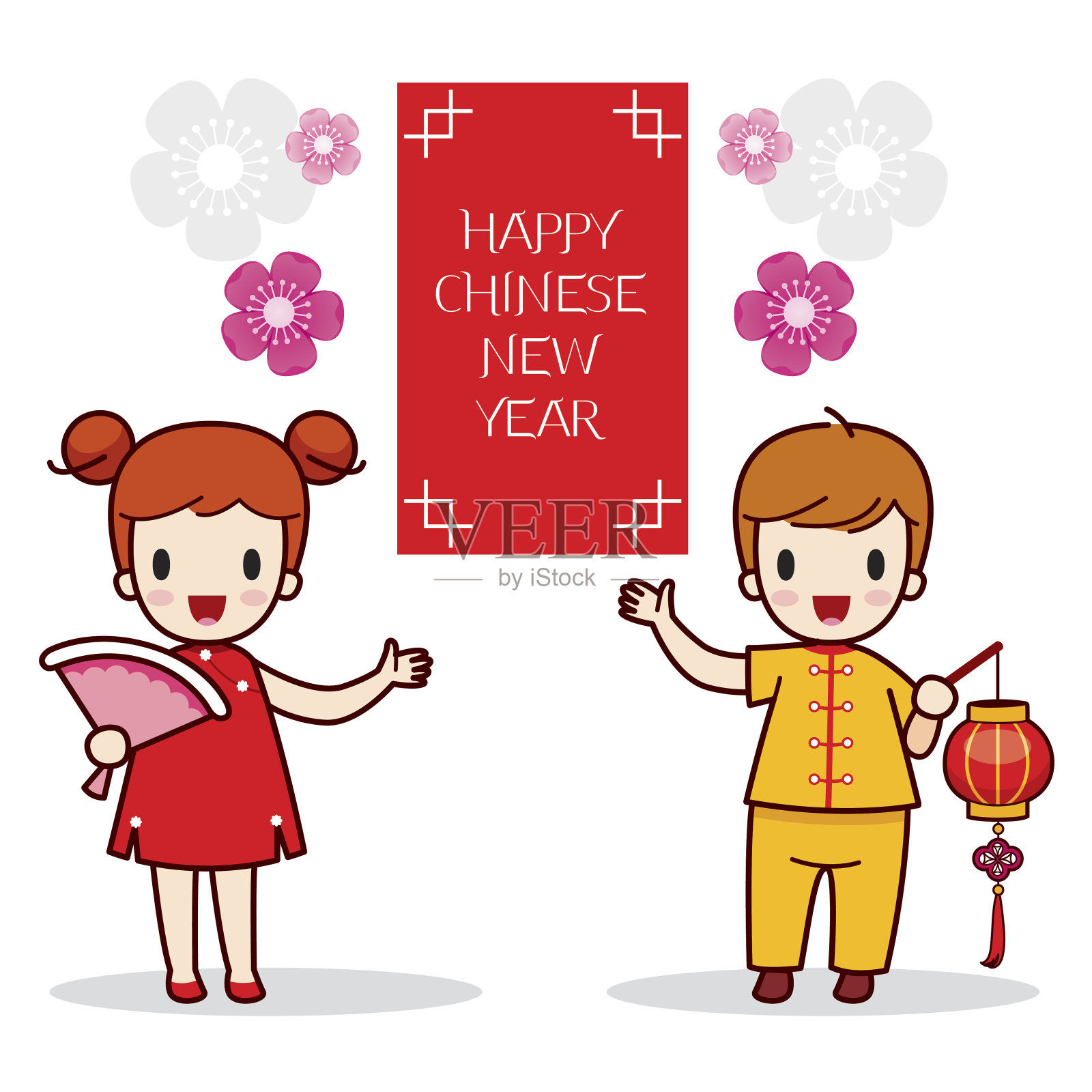 男孩和女孩与快乐中国新年横幅插画图片素材