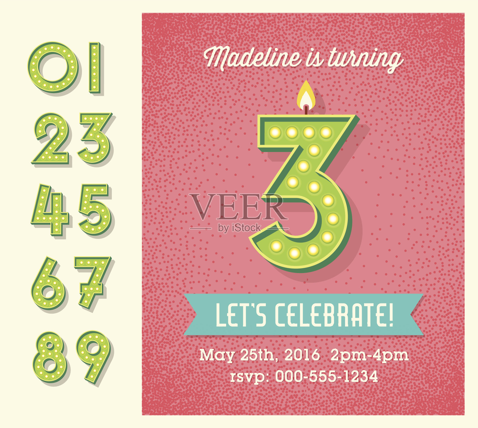 生日卡片或邀请与一套发光的复古数字。设计模板素材