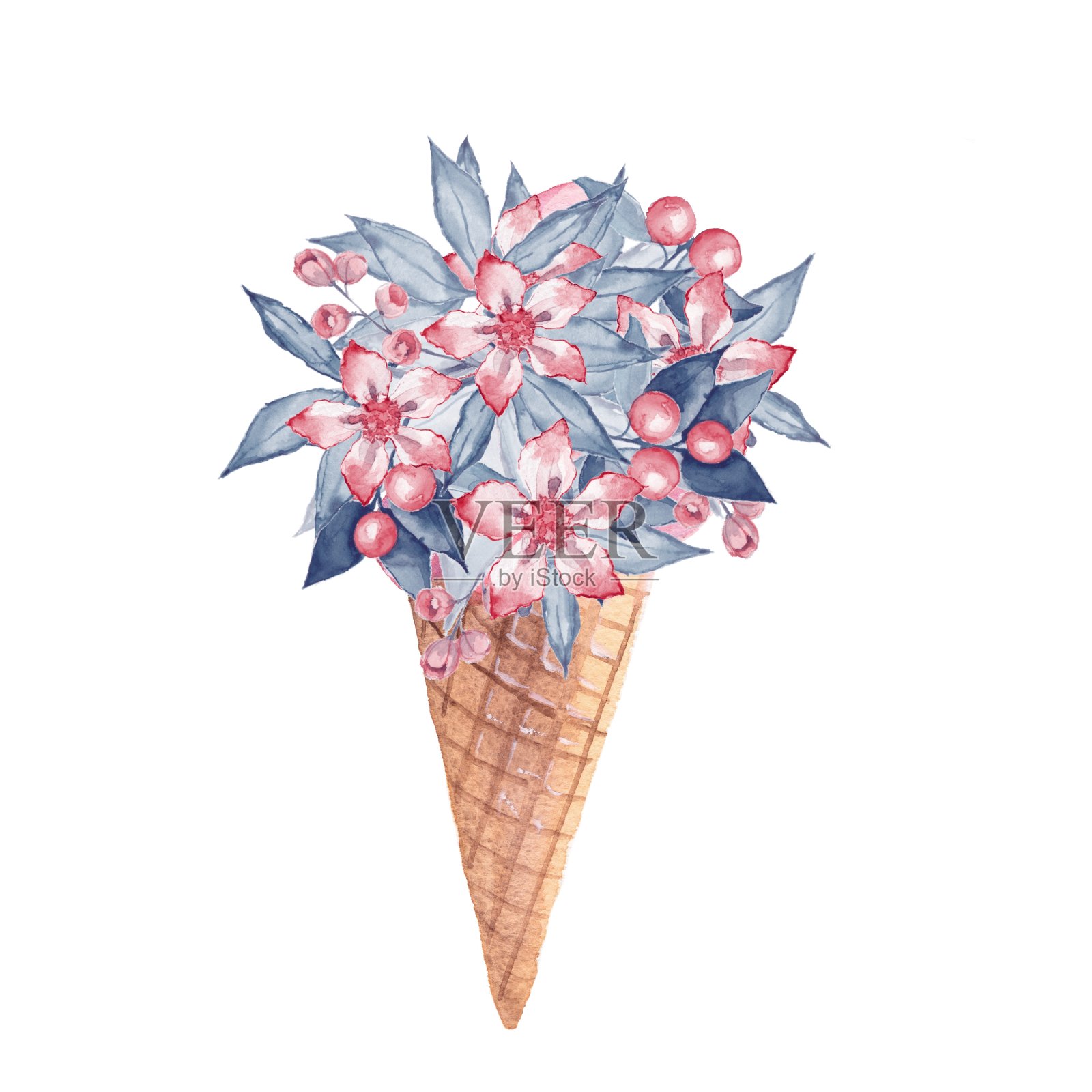 带花的蛋卷冰淇淋。水彩插图插画图片素材