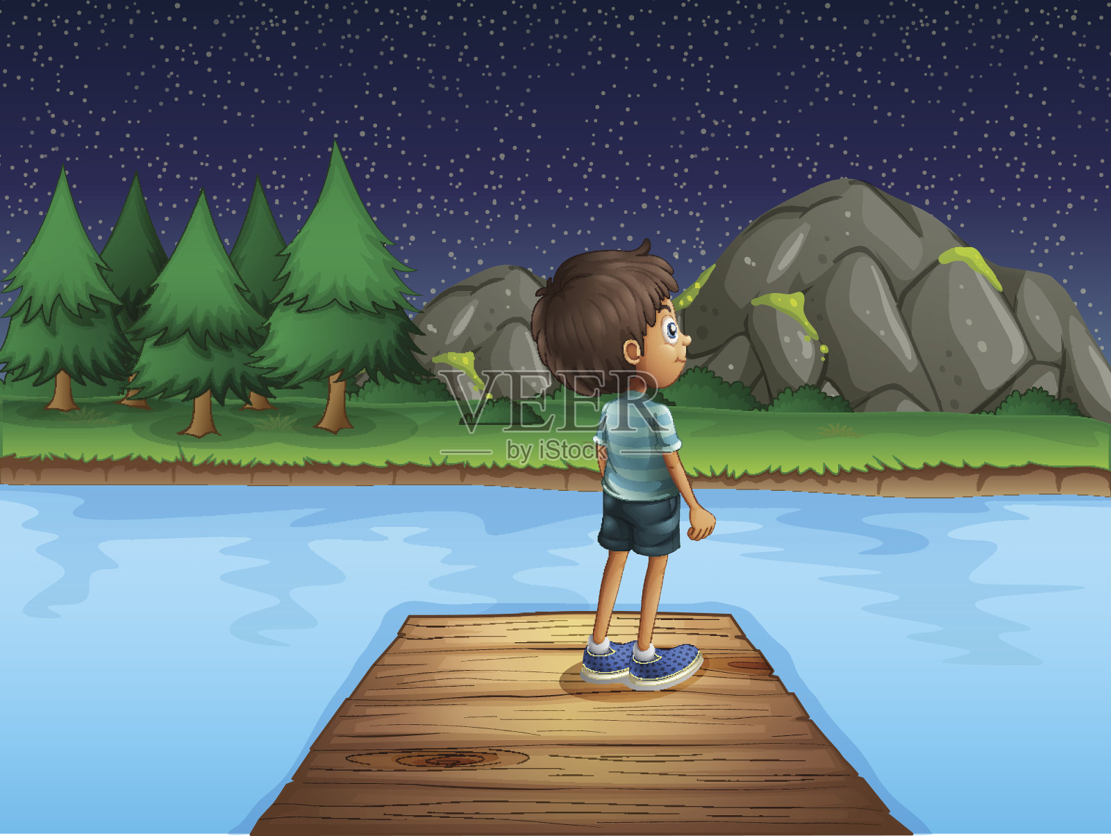 男孩在夜晚仰望星空插画图片素材