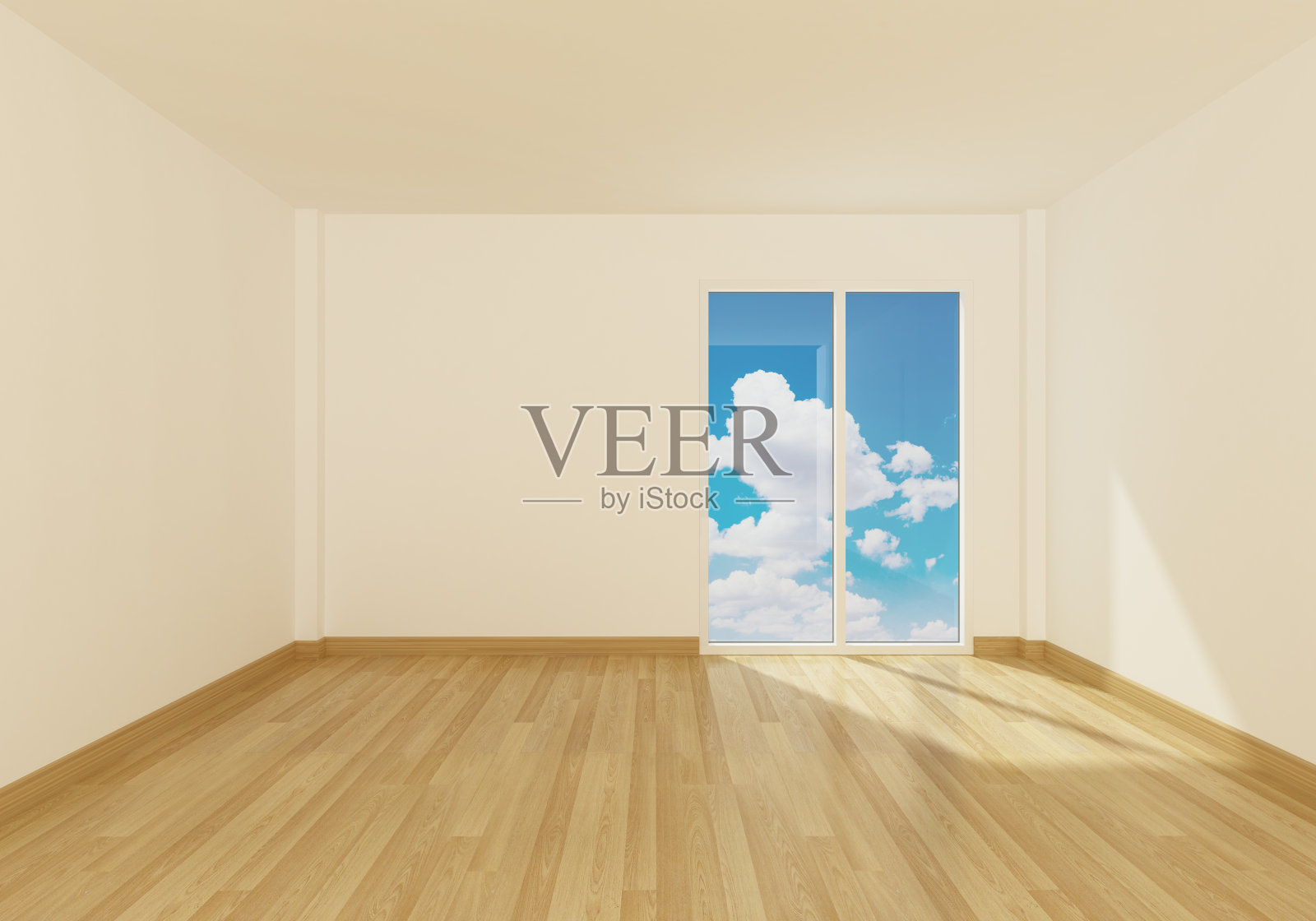 室内空间空旷，窗外蓝天照片摄影图片