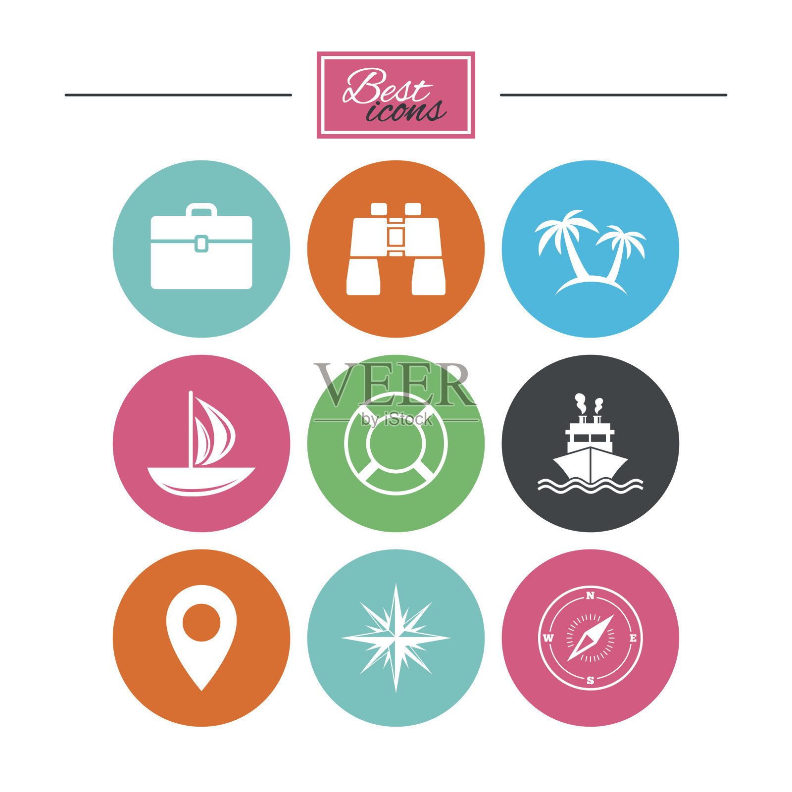 邮轮旅行，船舶和游艇图标。旅行的迹象。图标素材