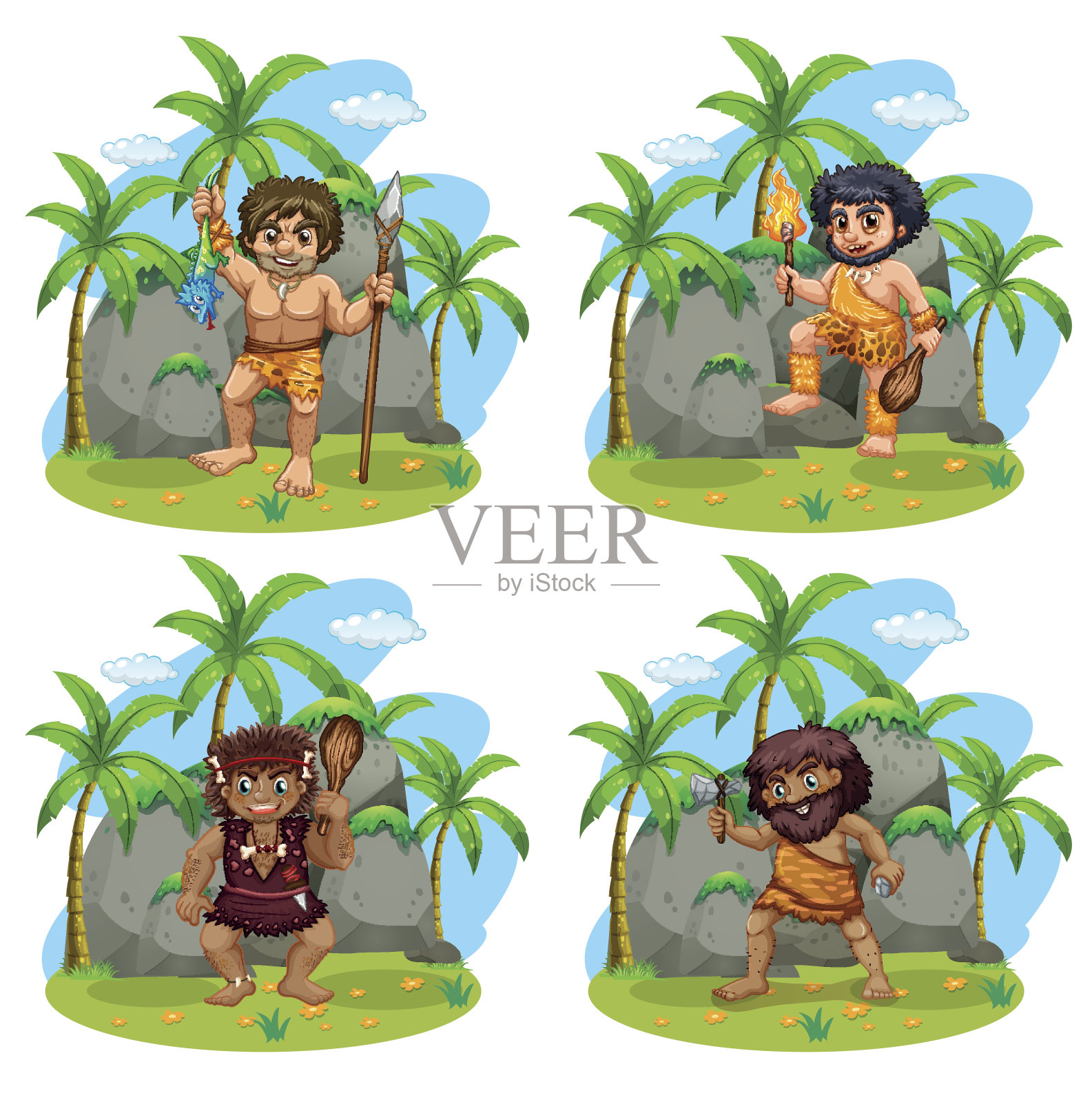 许多穴居人都有不同的武器插画图片素材