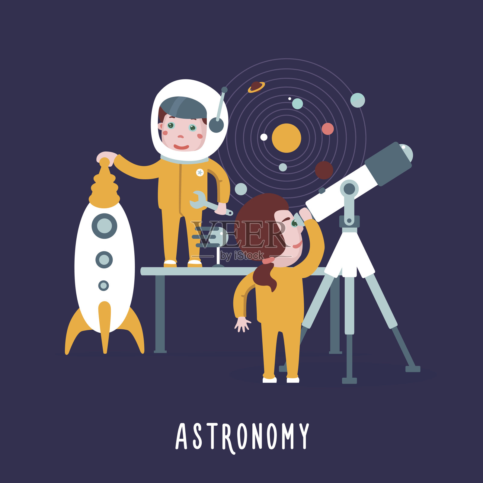 聪明的孩子。男孩和女孩正在学习天文学。插画图片素材