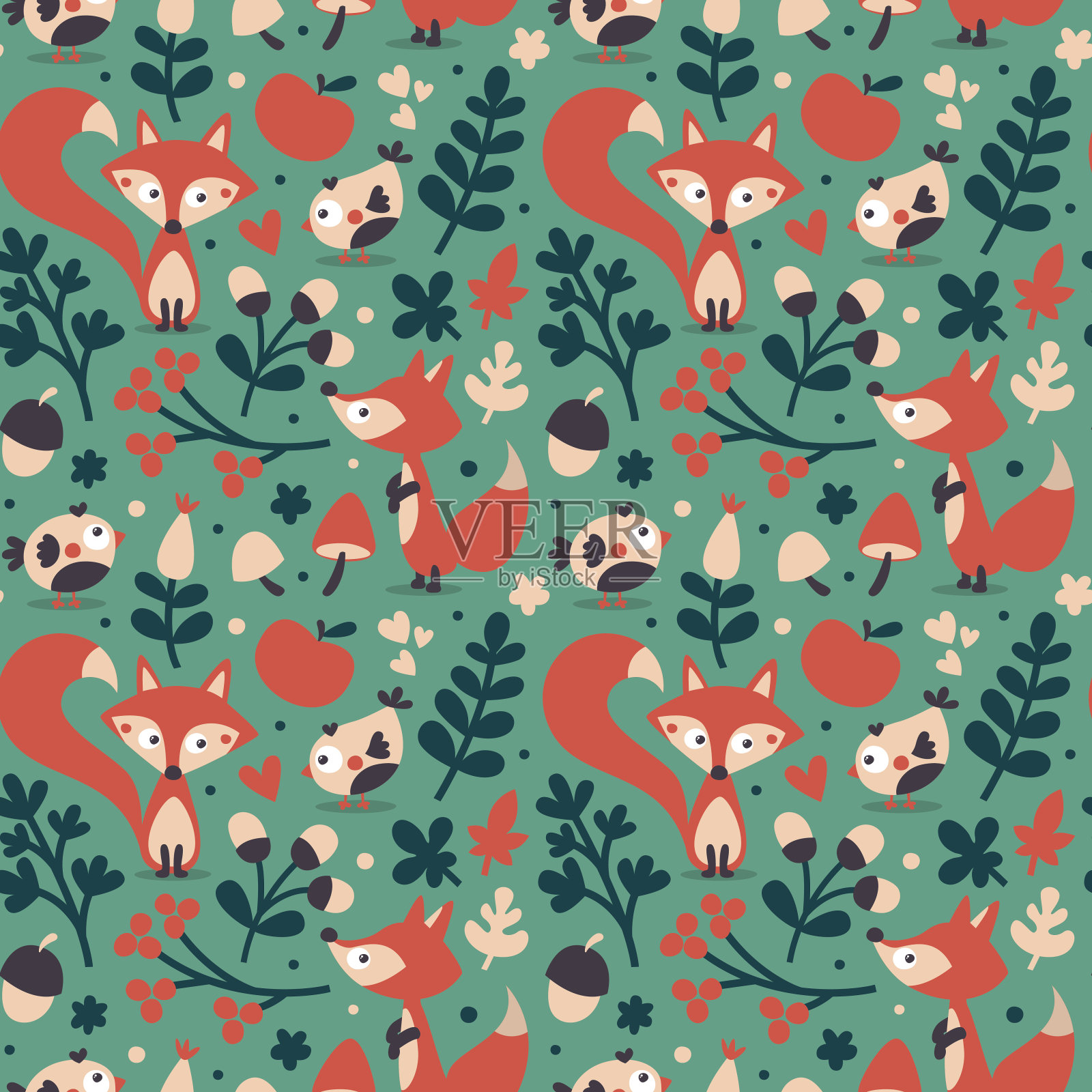 无缝可爱的秋季图案，以狐狸、鸟、花、植物插画图片素材