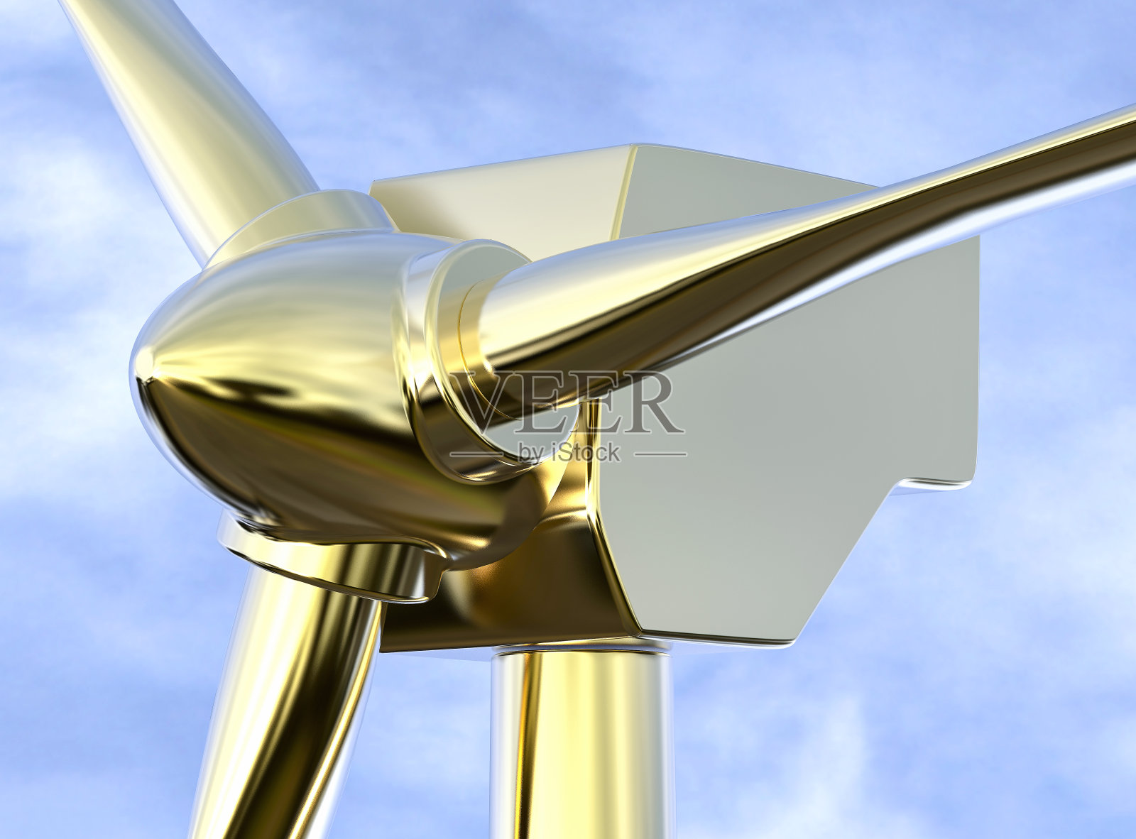 3D孤立近距离金色电动风车。风成生态E照片摄影图片