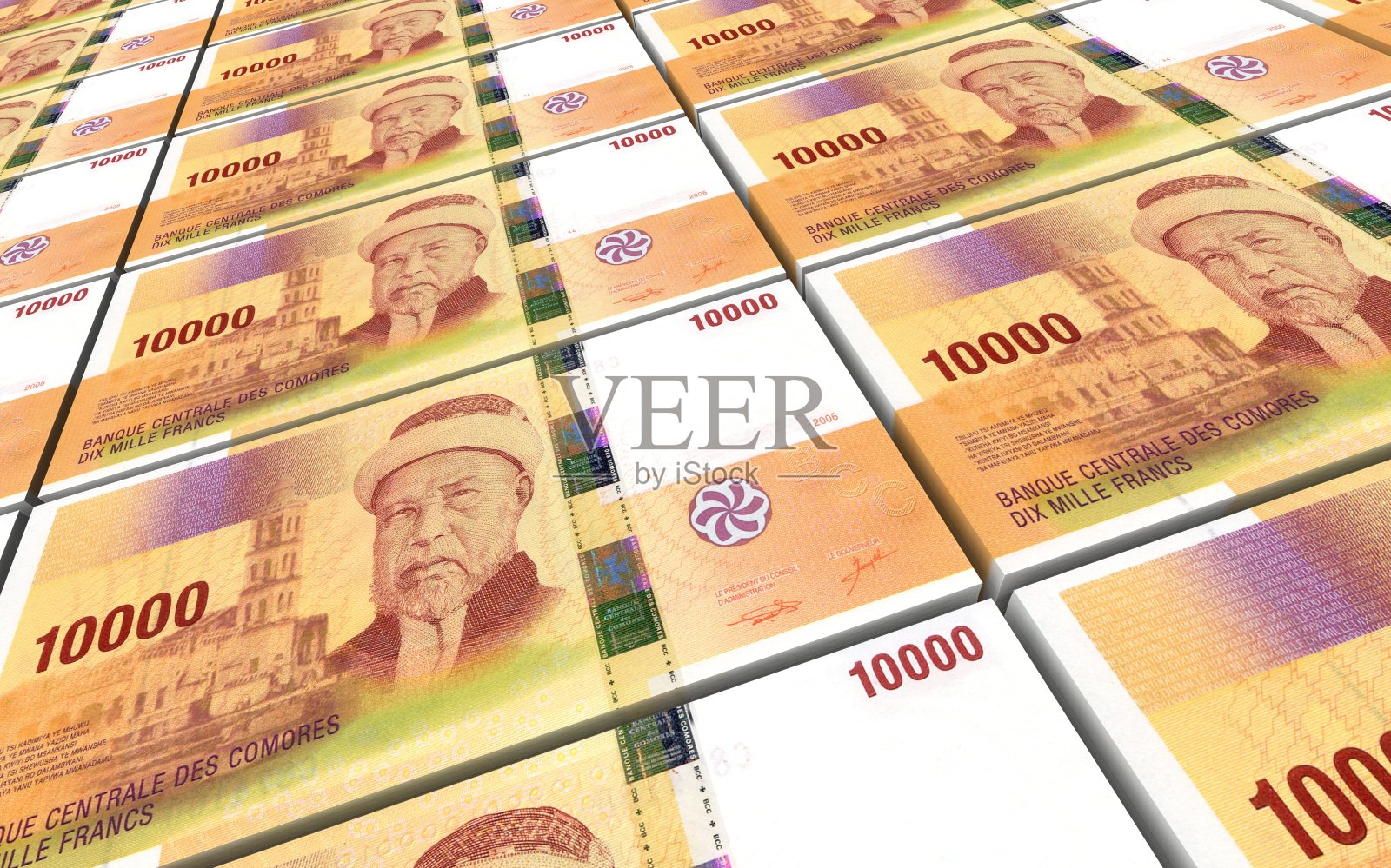 科摩罗法郎钞票堆积背景。照片摄影图片